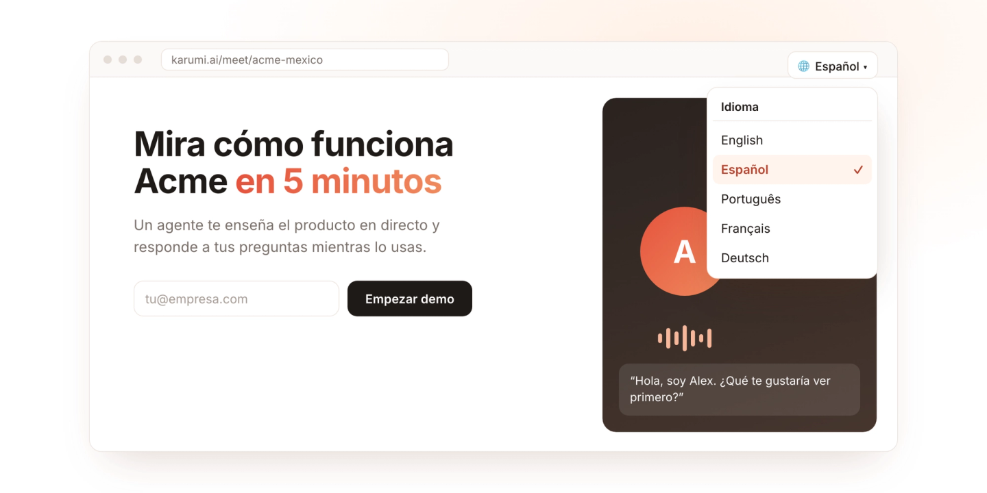 A Karumi demo start page with a language menu open, showing English, Español, Português, Français and Deutsch, with Español selected