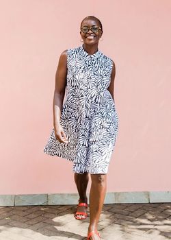 Woman wearing ZURI shirt dress made by SOKO Kenya Clothing Factory