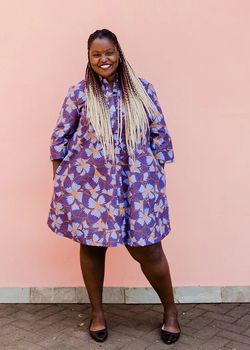 Purple ZURI curve shirt dress made by SOKO Kenya Ethical Clothing Factory.