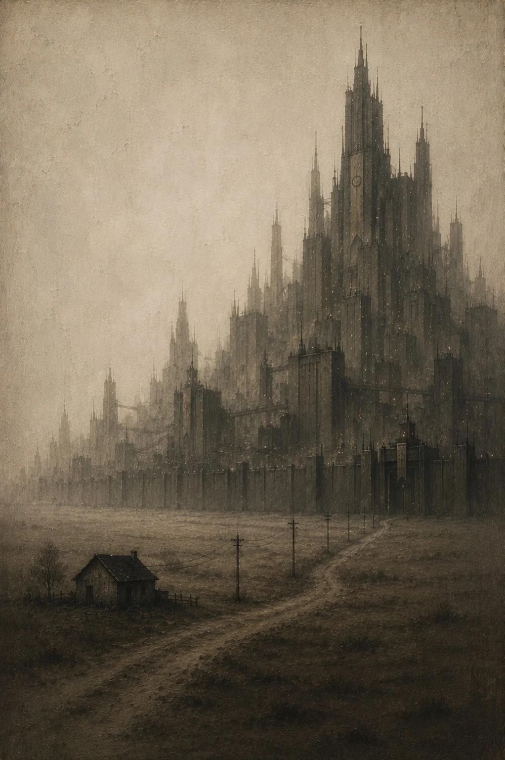 A small isolated home beneath the immense towers and walls of Overton