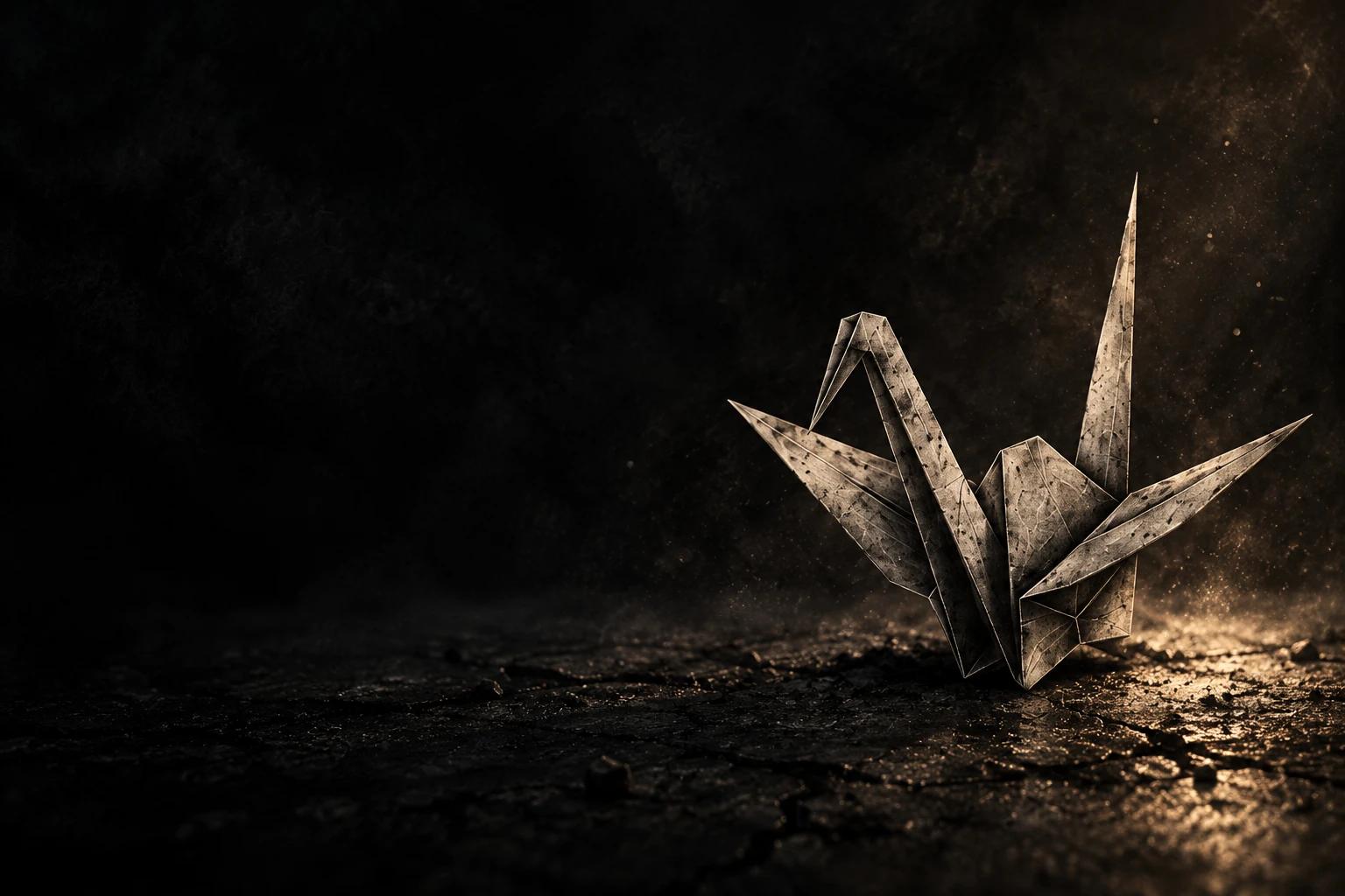 A weathered paper crane emerging from darkness