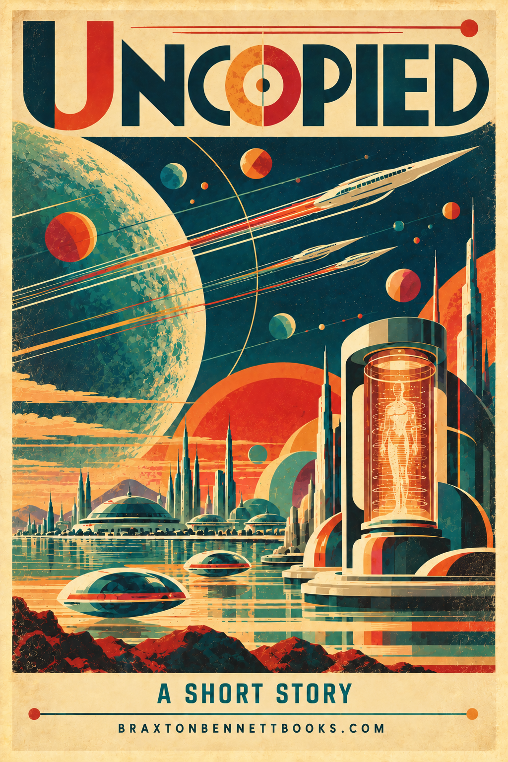 Retro space travel poster for Uncopied, showing a colony, spacecraft, distant planets, and a body printing chamber