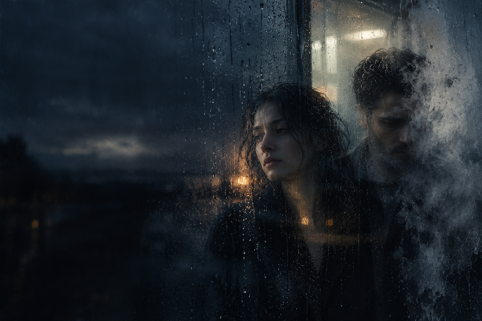 A couple turned away from each other, reflected in a rainy window