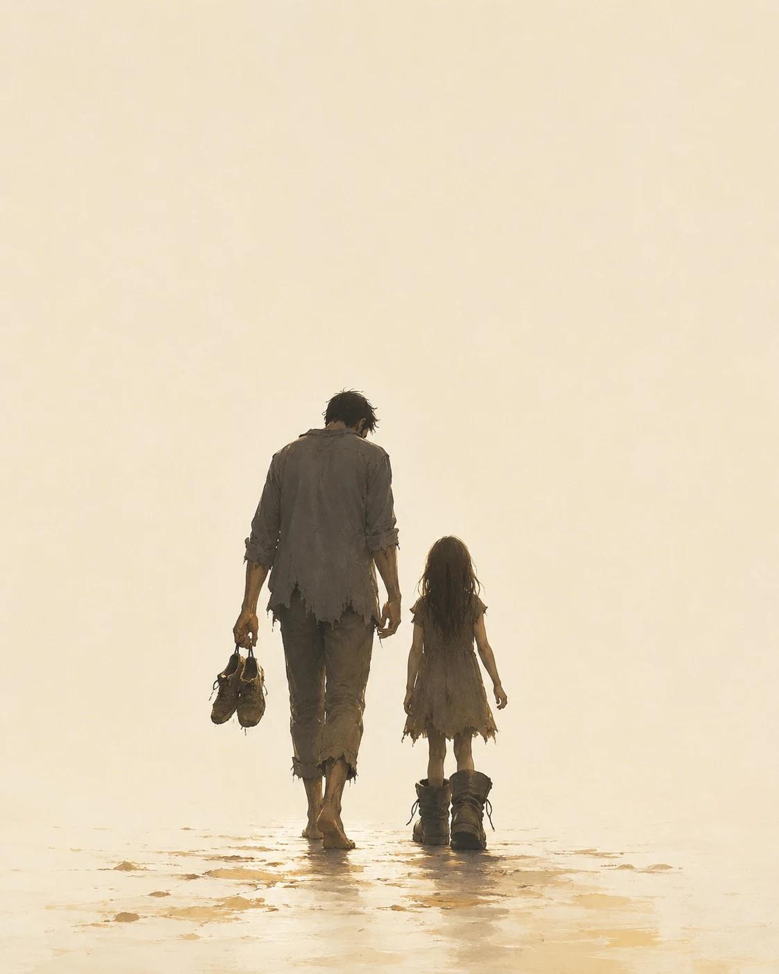 A barefoot father carrying shoes beside his daughter in oversized boots