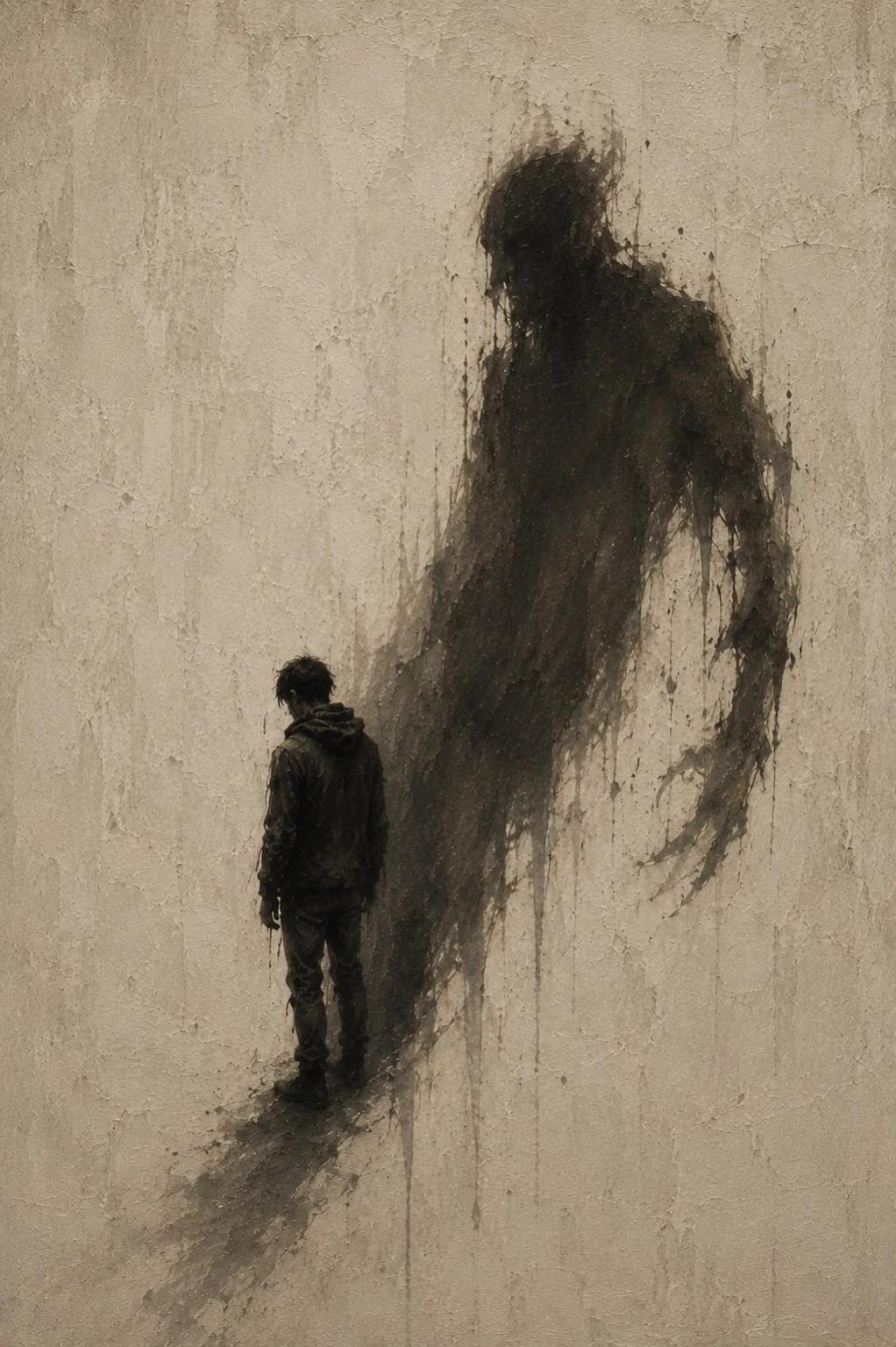 A man casting a towering monstrous shadow against a weathered wall