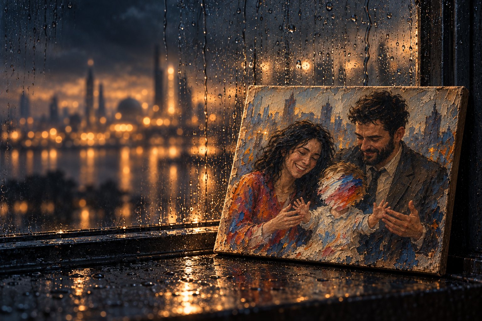 A woman looking through rain-streaked glass toward a city glowing with amber lights