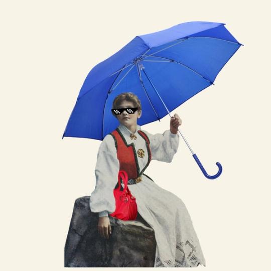 jente med hardangerbunad, paraply, solbriller og veske