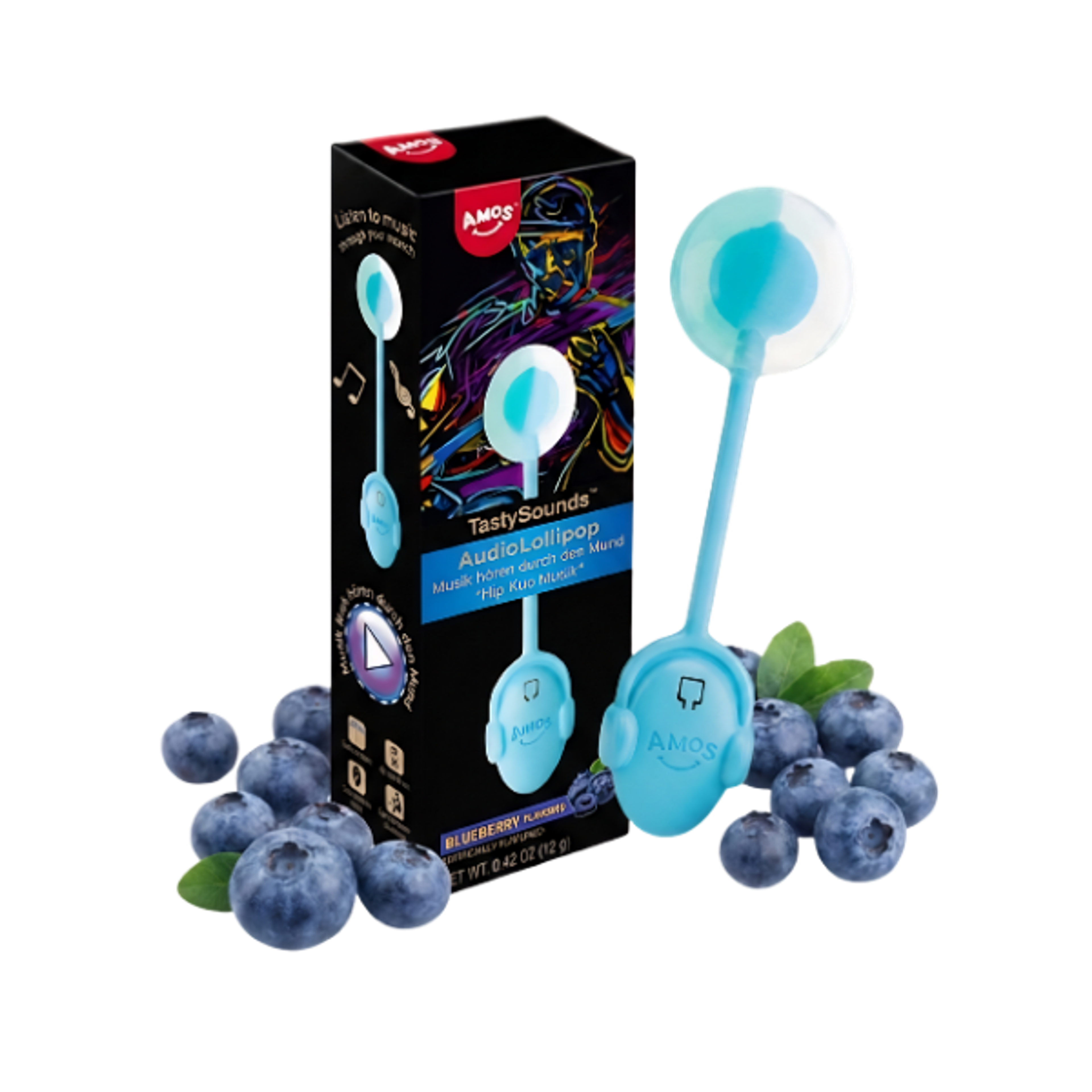 AMOS TASTYSOUNDS Audio Lollipop Blueberry 12g | Lutscher mit Musik & Sound
