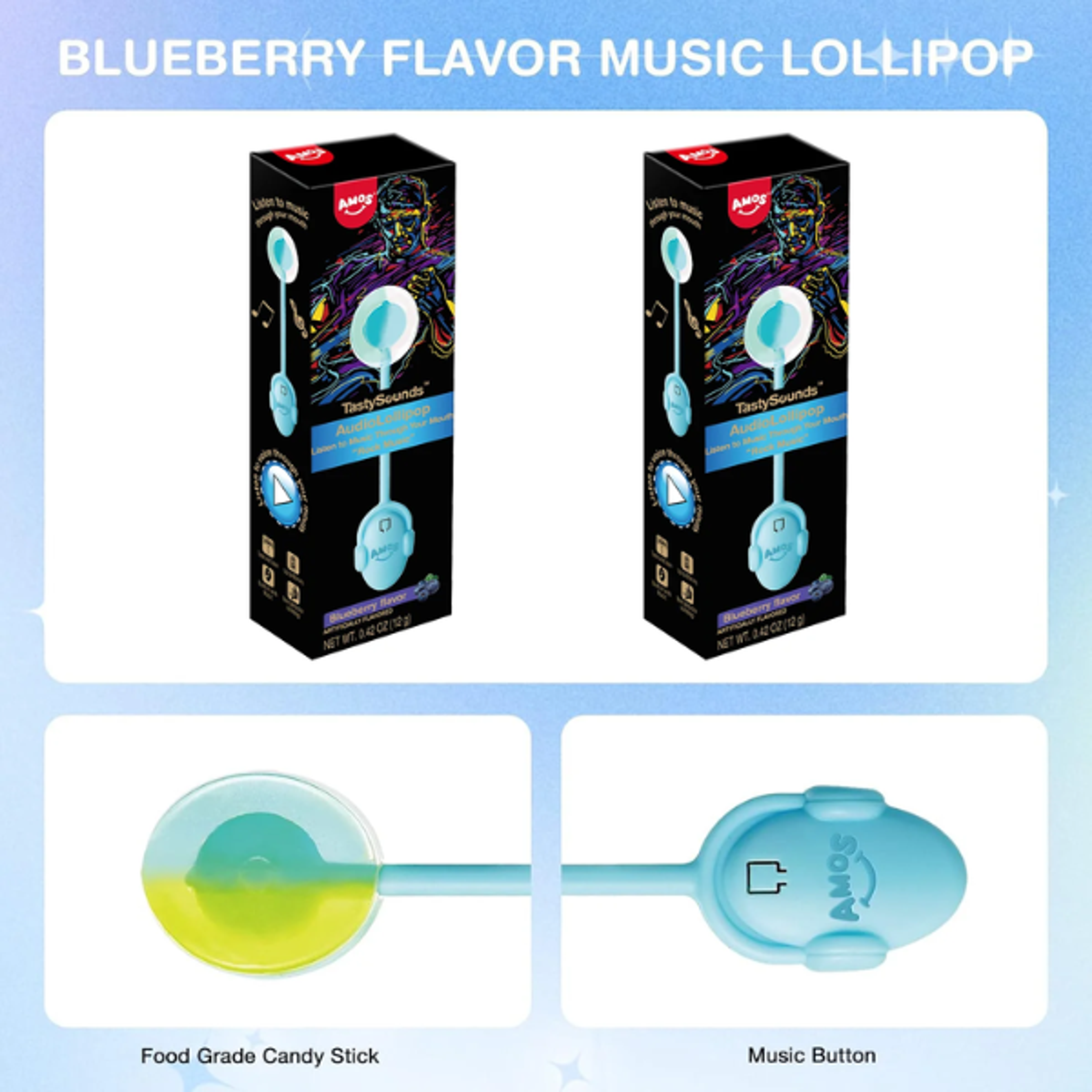 AMOS TASTYSOUNDS Audio Lollipop Blueberry 12g | Candy Lollipop with Sound