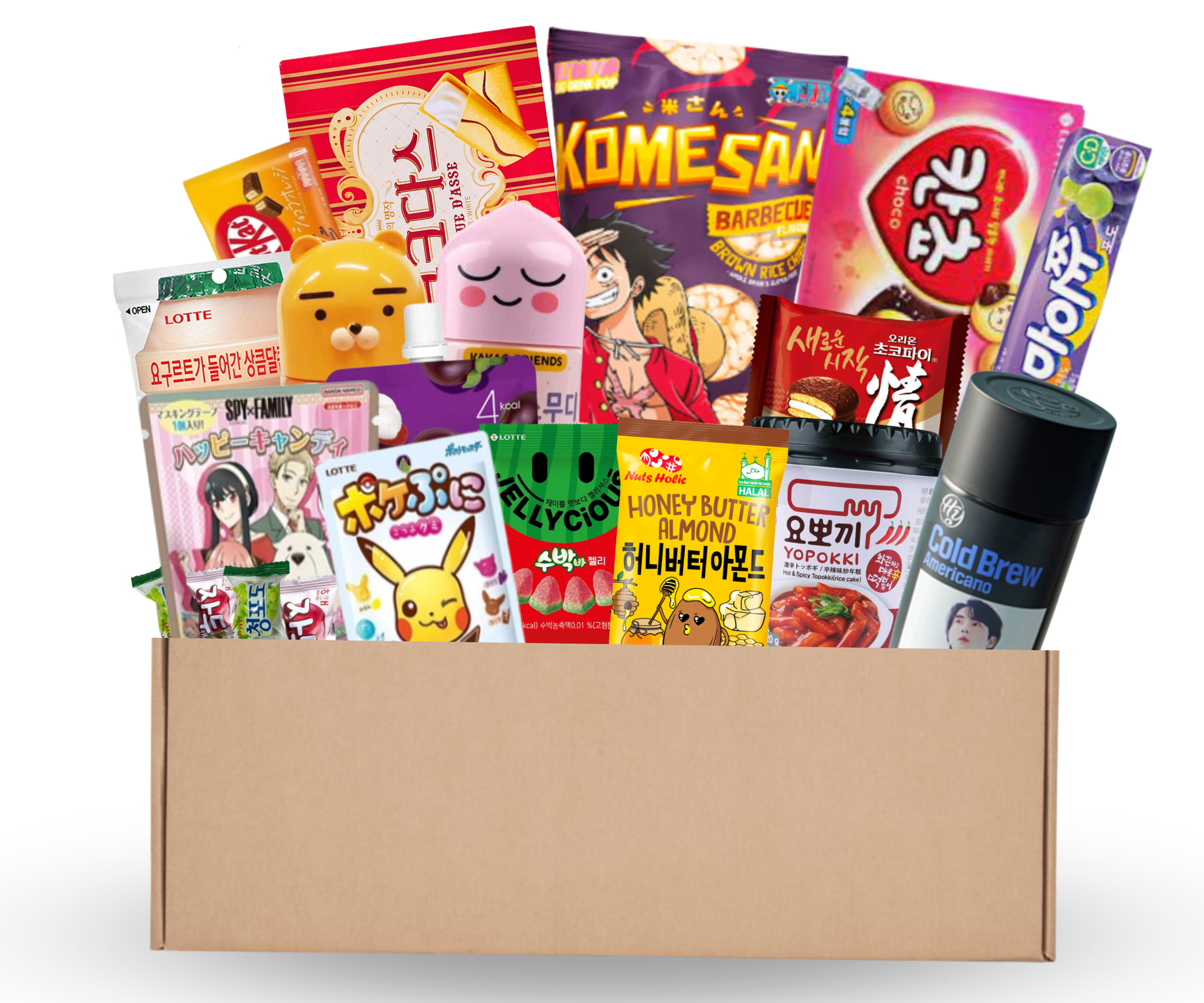 Vorderansicht der Asia Surprise Snack Box M (20set) mit asiatischen Snacks.