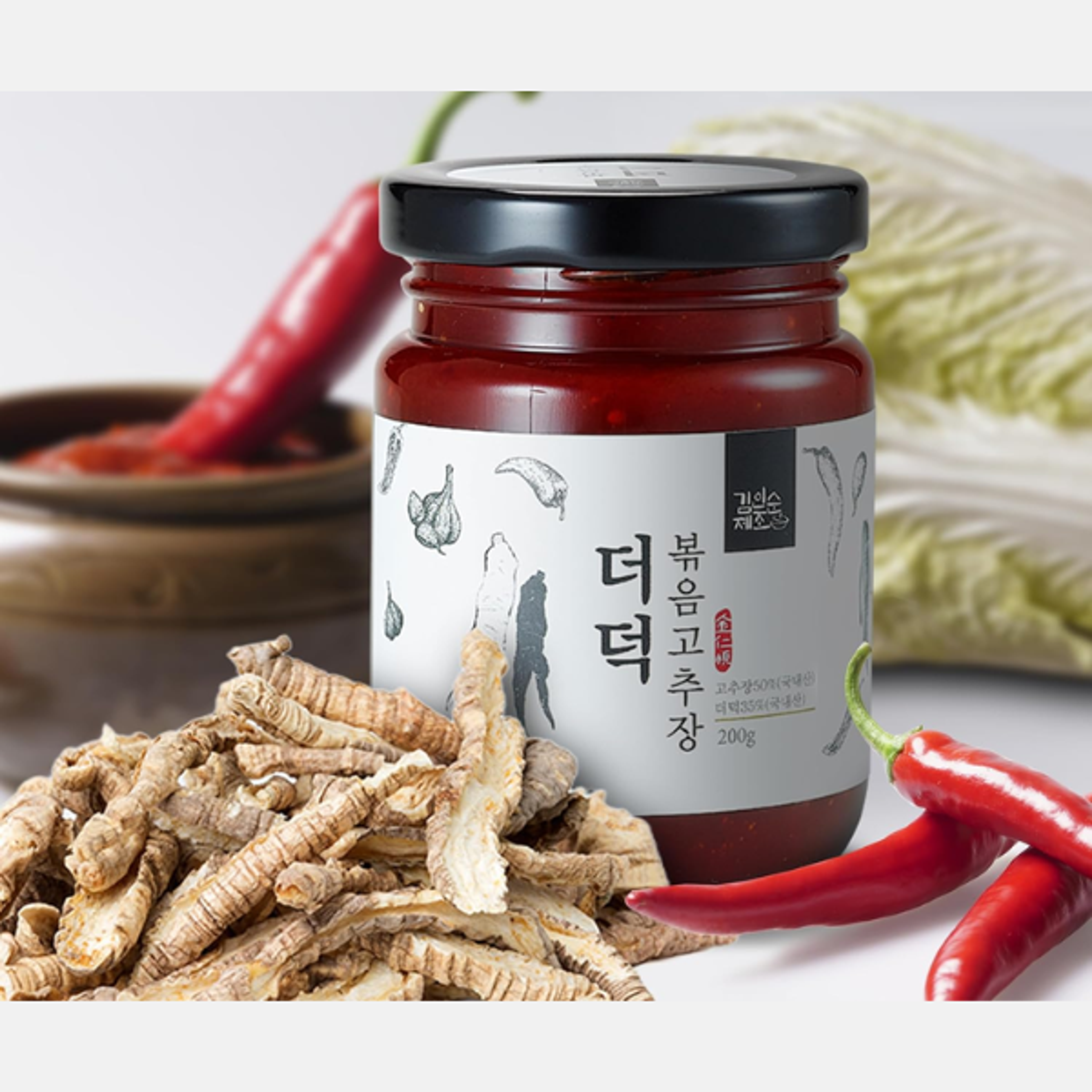 Vorderansicht der FROMWELL Gochujang mit Deodeok 200g Packung – zeigt das einfache und traditionelle Design.