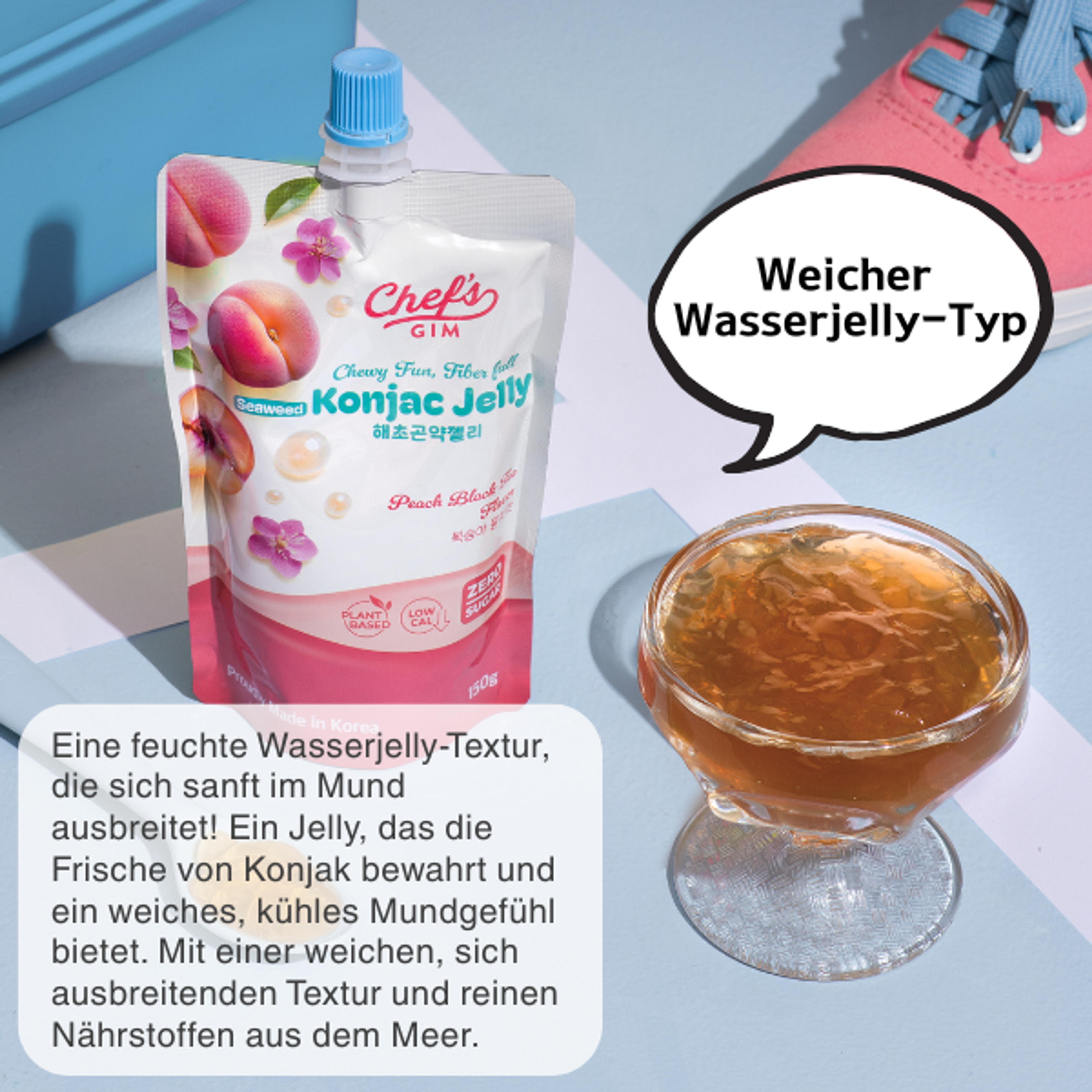 Chef’s Gim Konjak-Getränkegelee | 10er Set à 150g | Vegan, Kalorienarm, zuckerfrei & ballaststoffreich | 3 Sorten: Pfirsich-Schwarztee, Kamille-Litschi, Lavendel-Apfel-Mango (Pfirsich-Schwarztee)
