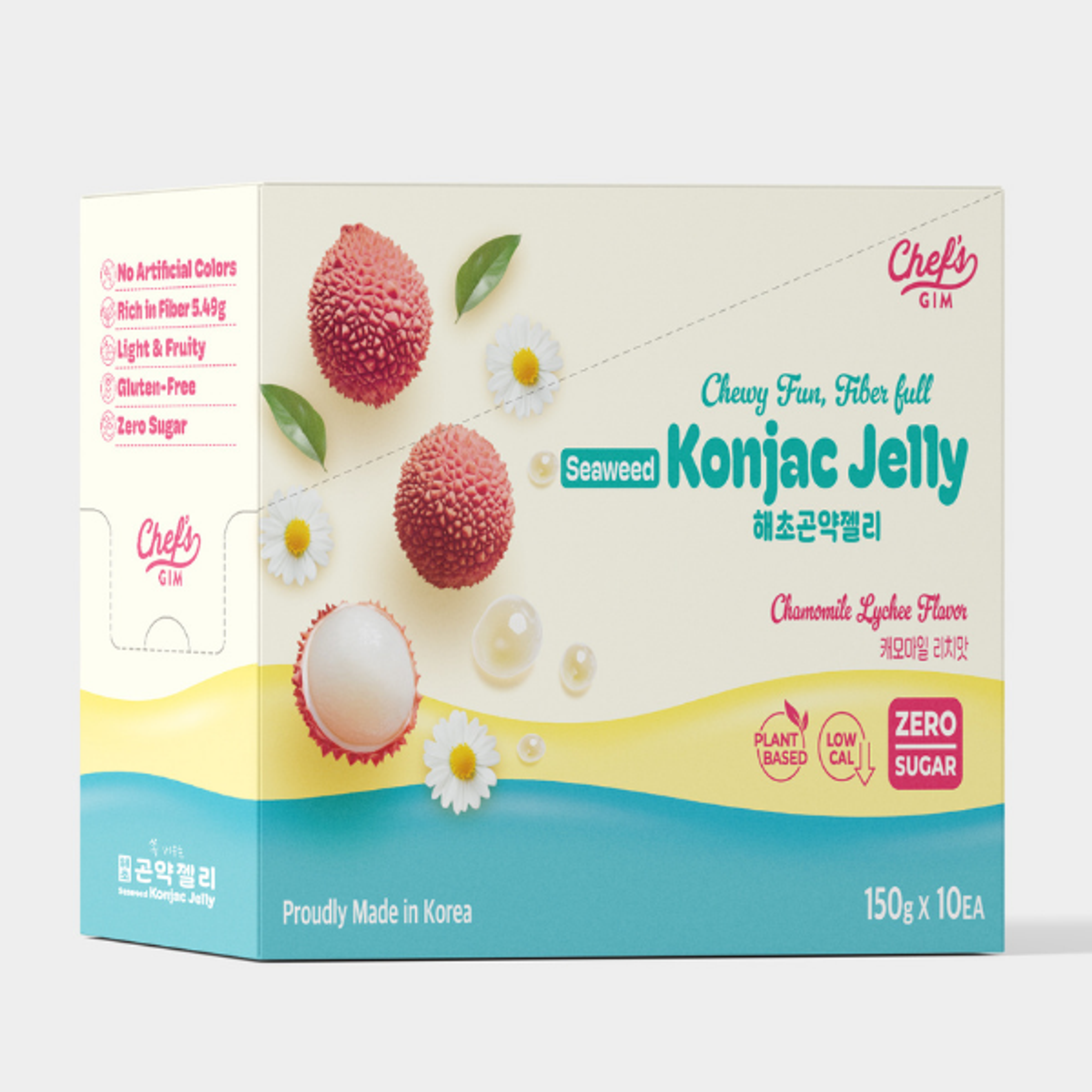 Chef’s Gim Konjak-Getränkegelee | 10er Set à 150g | Vegan, Kalorienarm, zuckerfrei & ballaststoffreich | 3 Sorten: Pfirsich-Schwarztee, Kamille-Litschi, Lavendel-Apfel-Mango (Kamille-Litschi)