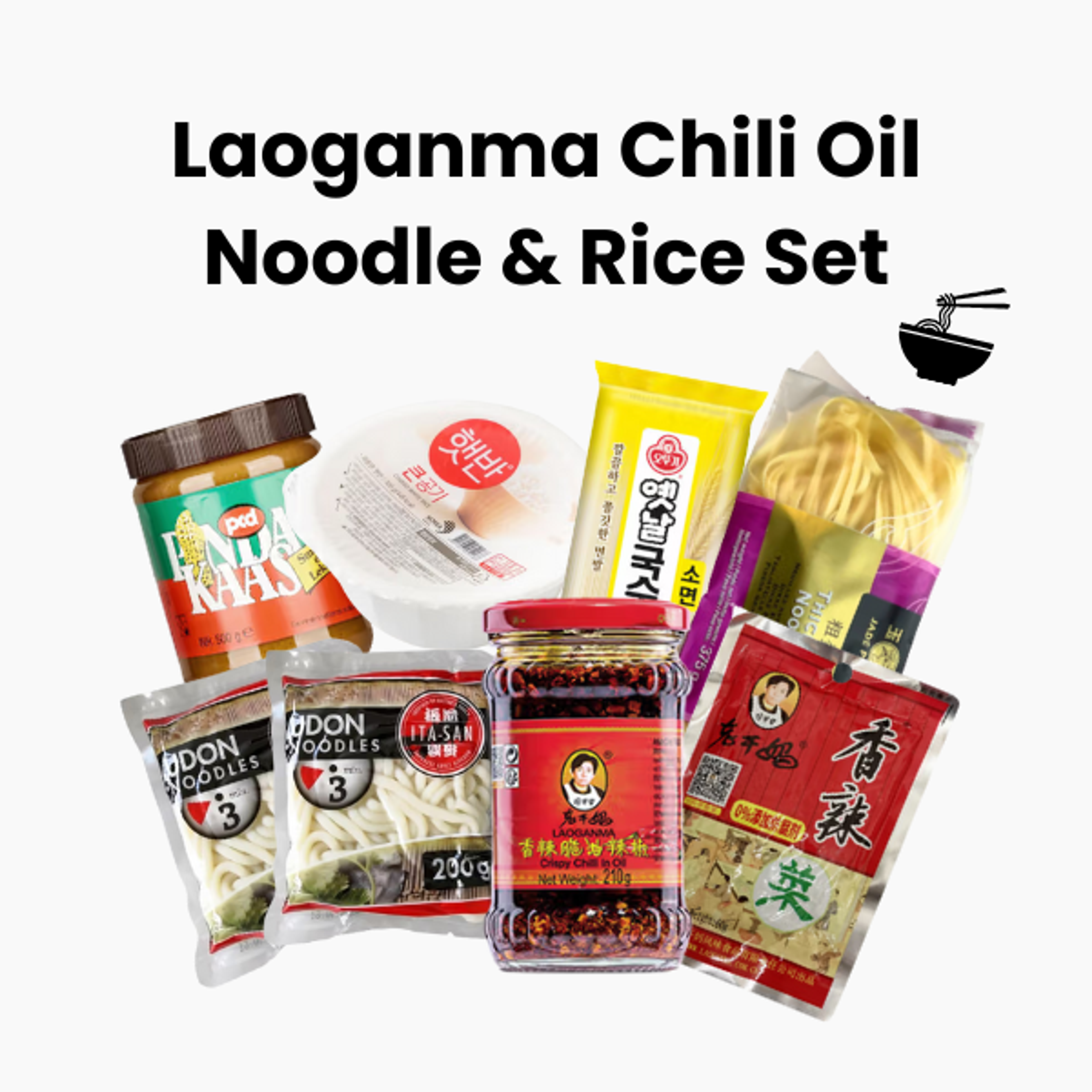 Inhalt  LAOGANMA Crispy Chilli in Oil 210g × 1  LAOGANMA Pickled Leaf Mustard and Chilli 60g × 1  JADE PHOENIX Thick Egg Noodles 375g × 3 (1×Einzelpackung, 1×2er Pack)  ITA-SAN Udon Noodles 200g × 2  OTTGI Wheat Noodles 500g × 1  CJ Hetban gekochter Reis (weiß) 300g × 1  PCD PindaKaas Erdnussbutter 350g × 1
