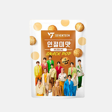 Verpackung des Eats On SEVENTEEN Injeolmi Snack Pop – zeigt das farbenfrohe Design der 50g-Packung.