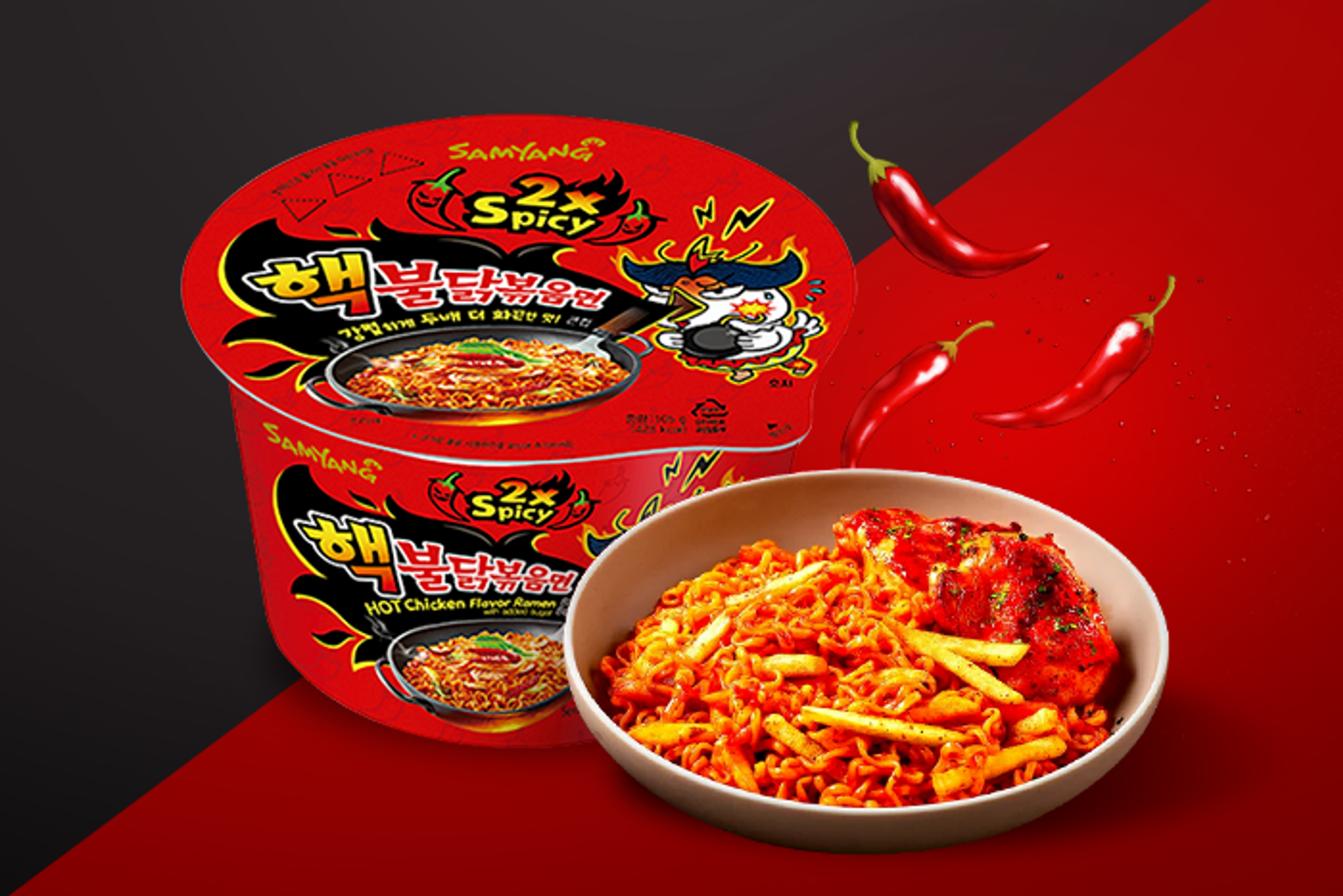 Samyang Buldak 2x Spicy Hot Chicken Ramyeon Big Bowl in 105g Cup."