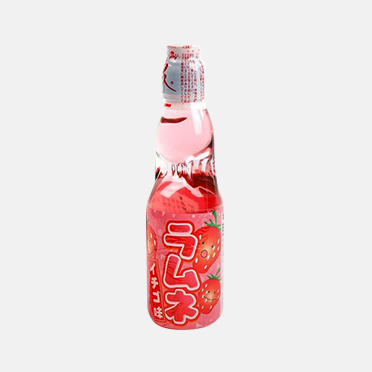 Hata Ramune Erdbeere 200ml Flasche – zeigt die charakteristische Ramune-Flasche mit Erdbeergeschmack, hervorgehoben durch farbenfrohes und auffälliges Design