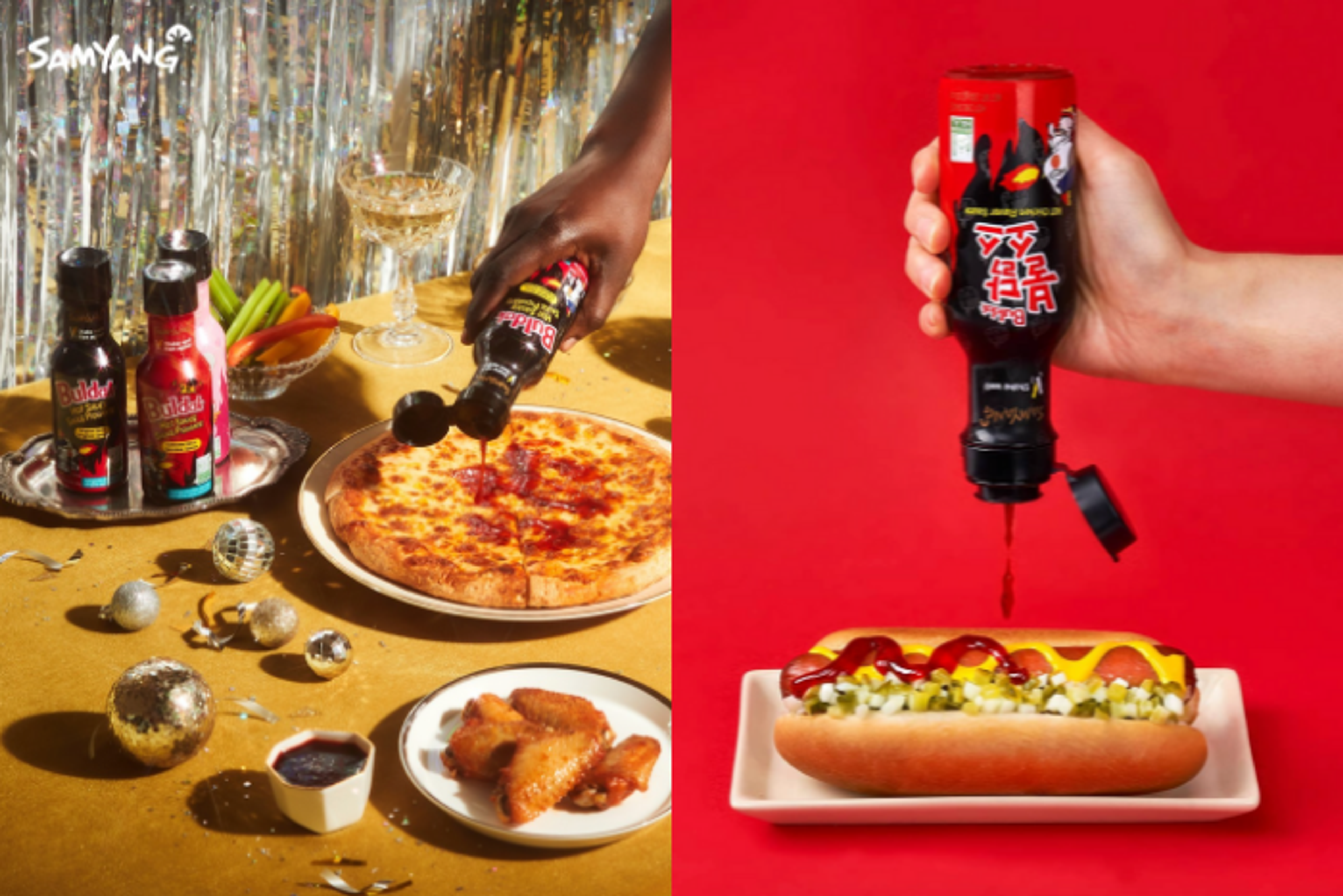 Samyang Buldak Hot Chicken Sauce auf Pizza und Hot Dog