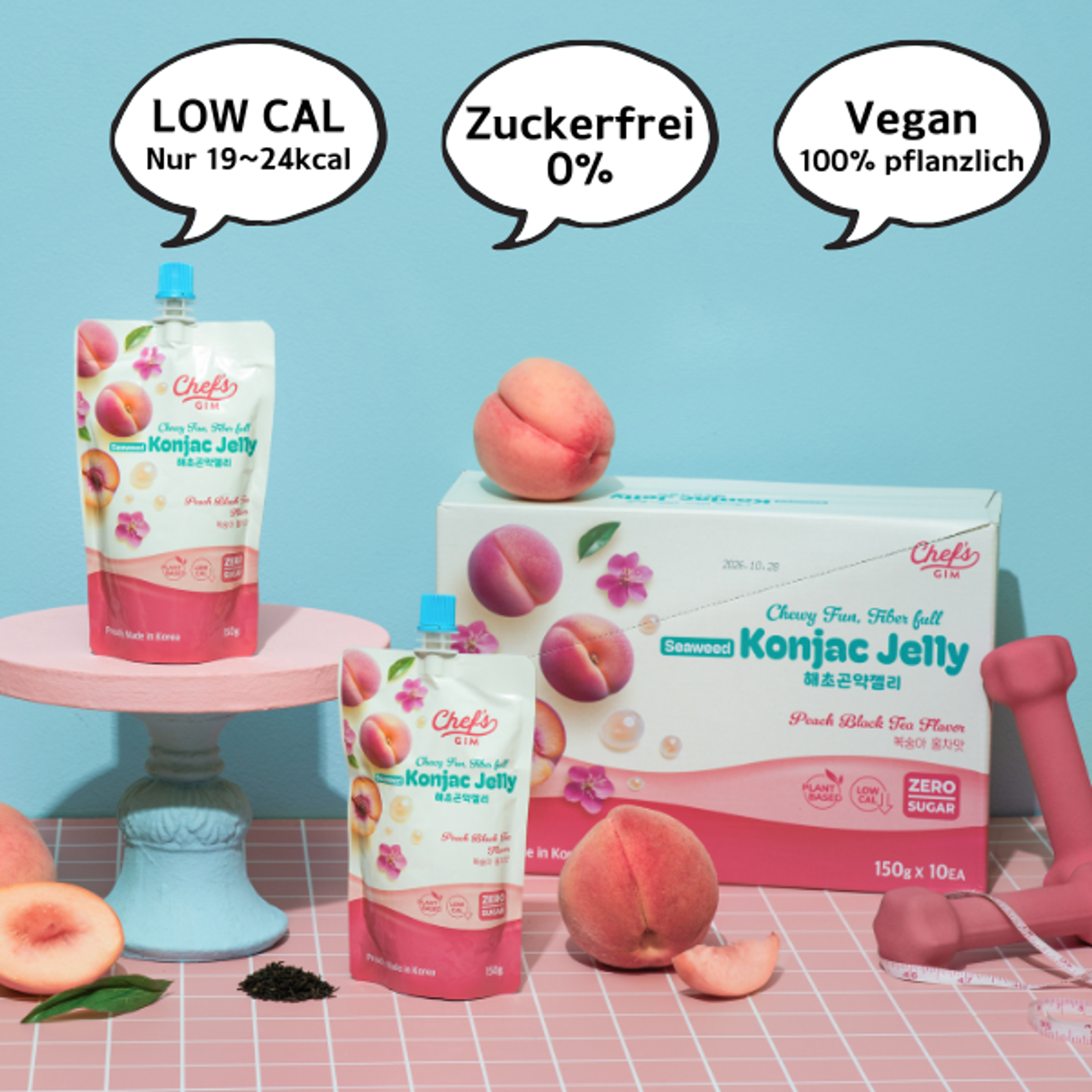 Chef’s Gim Konjak-Getränkegelee | 10er Set à 150g | Vegan, Kalorienarm, zuckerfrei & ballaststoffreich | 3 Sorten: Pfirsich-Schwarztee, Kamille-Litschi, Lavendel-Apfel-Mango (Pfirsich-Schwarztee)