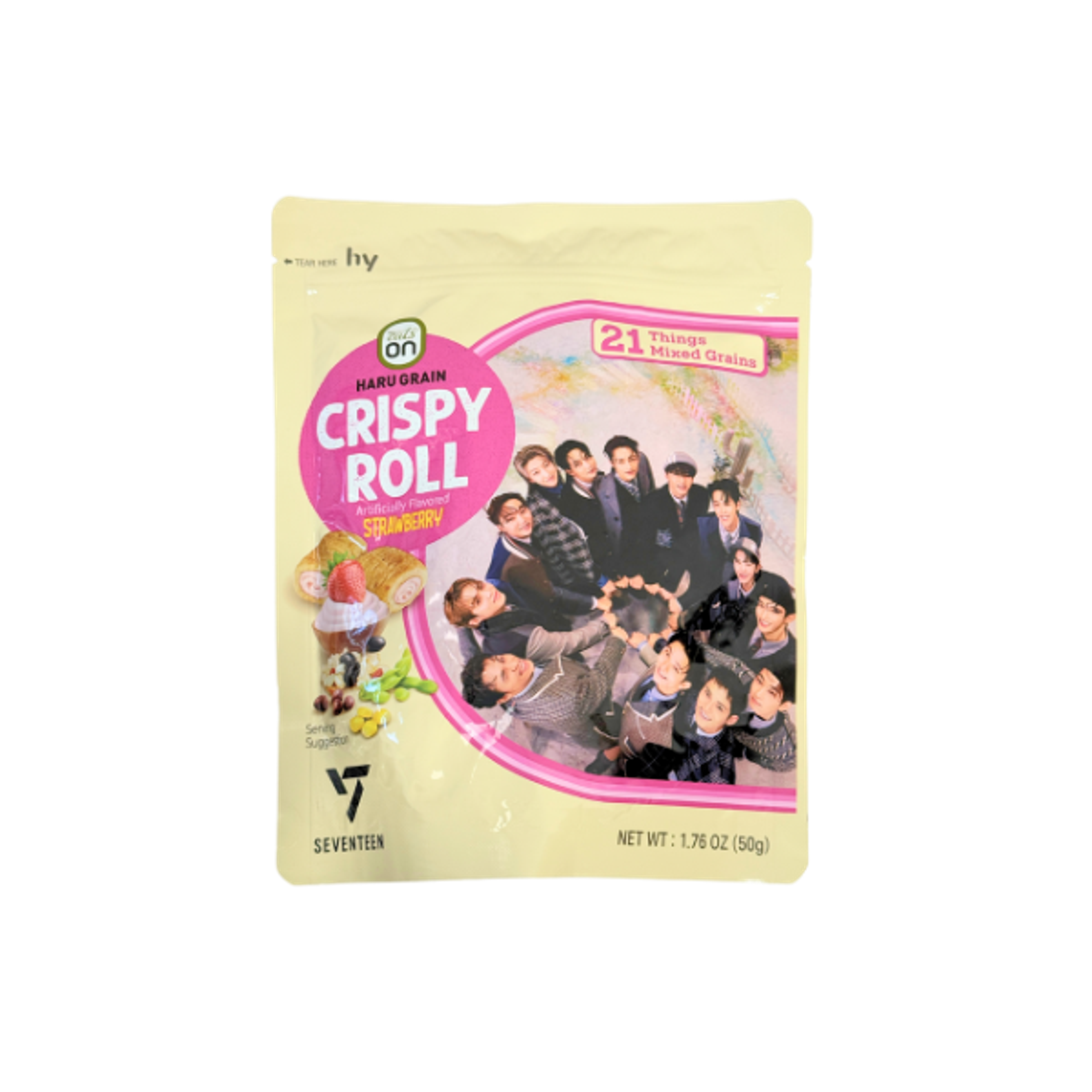 HY X SEVENTEEN Haru Grain Crispy Roll Strawberry 50g | Crunchy Strawberry Grain Snack with SEVENTEEN Edition