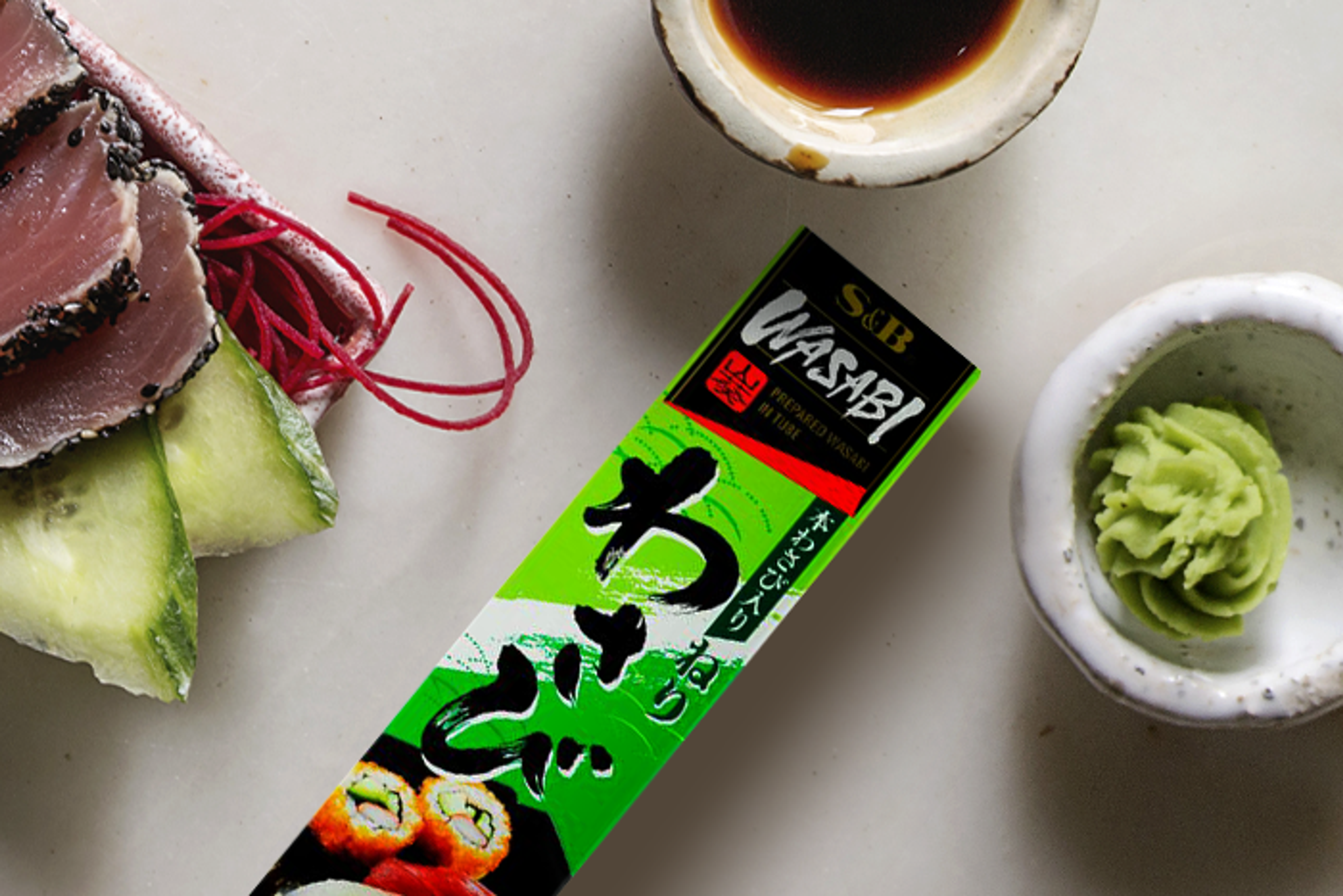 S&B-Premium-Wasabi-Paste-43g-Tube-vorderseitige-Ansicht-mit-klarer-Produktbezeichnung-und-grünem-Design