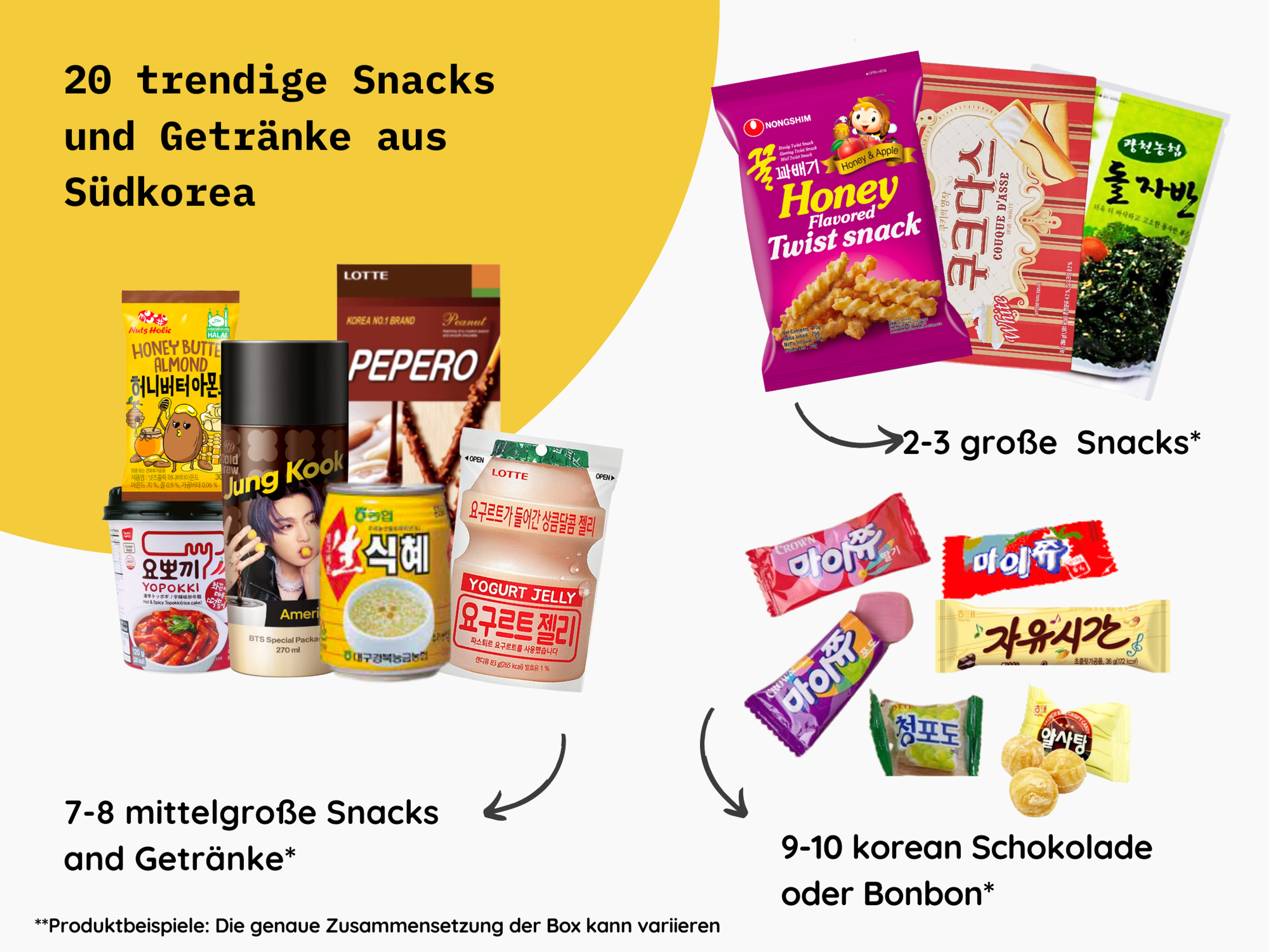 Nahaufnahme von mittelgroßen Snacks und Getränken aus der Korea Surprise Snack Box M (20set).