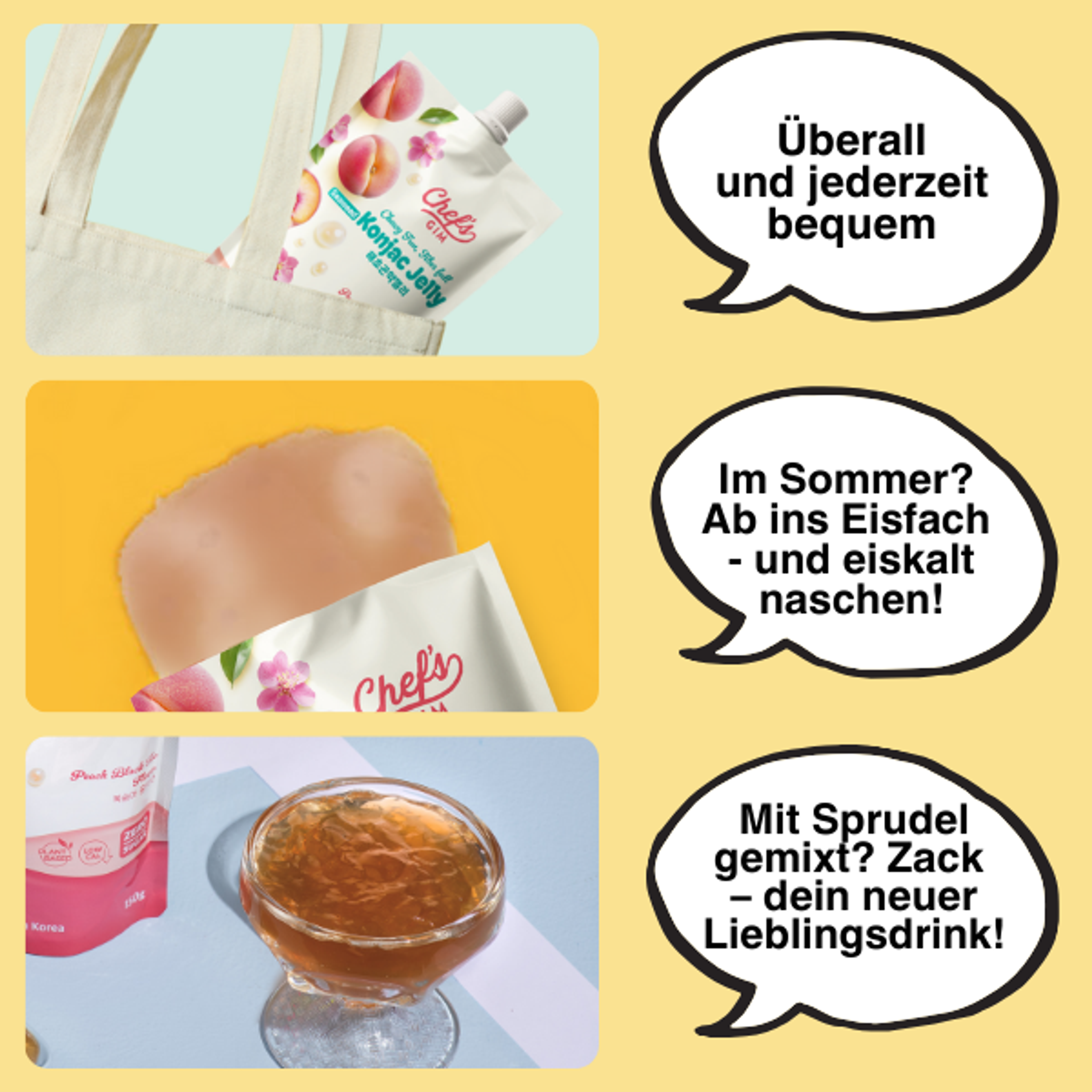 Chef’s Gim Konjak-Getränkegelee | 10er Set à 150g | Vegan, Kalorienarm, zuckerfrei & ballaststoffreich | 3 Sorten: Pfirsich-Schwarztee, Kamille-Litschi, Lavendel-Apfel-Mango (Pfirsich-Schwarztee)