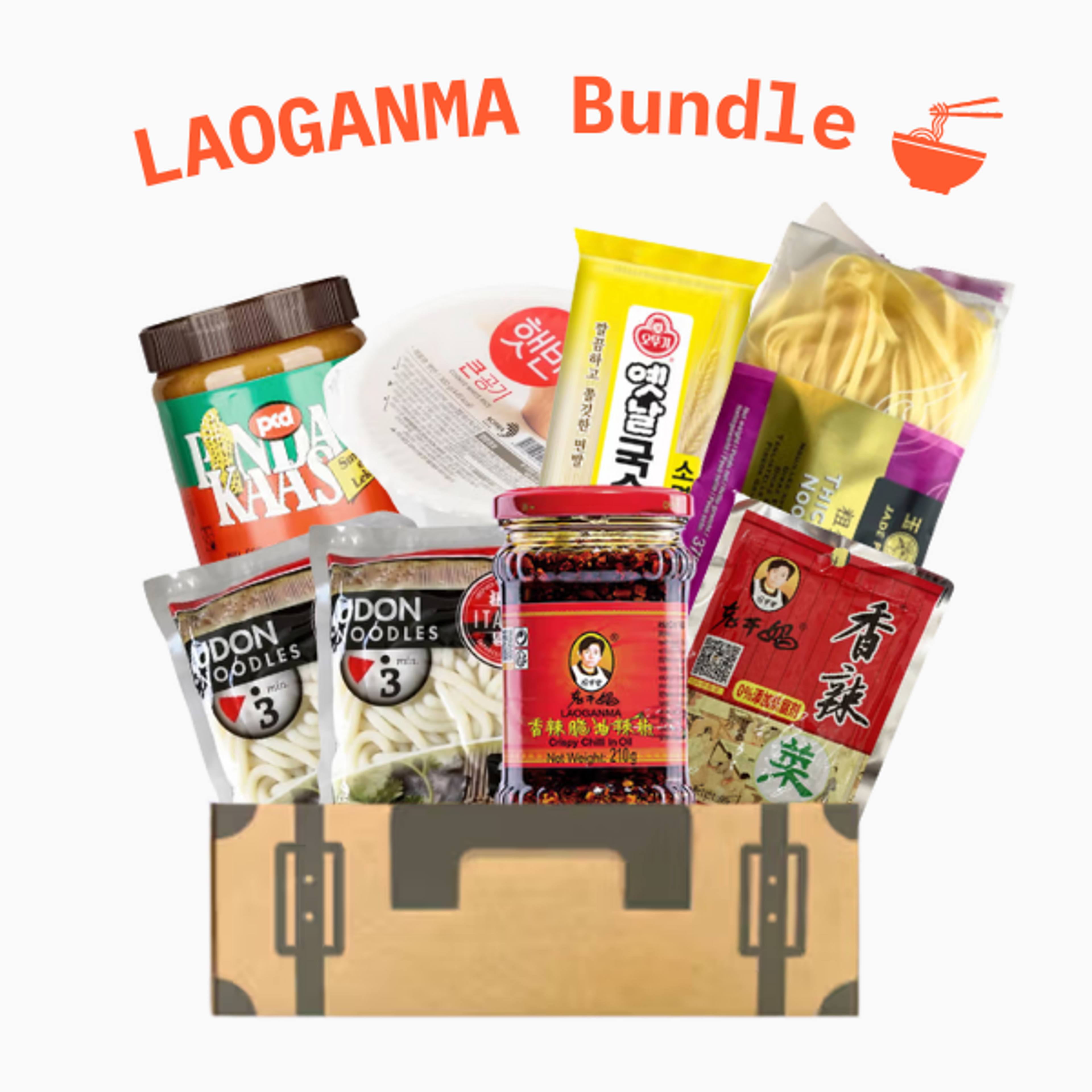 Inhalt  LAOGANMA Crispy Chilli in Oil 210g × 1  LAOGANMA Pickled Leaf Mustard and Chilli 60g × 1  JADE PHOENIX Thick Egg Noodles 375g × 3 (1×Einzelpackung, 1×2er Pack)  ITA-SAN Udon Noodles 200g × 2  OTTGI Wheat Noodles 500g × 1  CJ Hetban gekochter Reis (weiß) 300g × 1  PCD PindaKaas Erdnussbutter 350g × 1