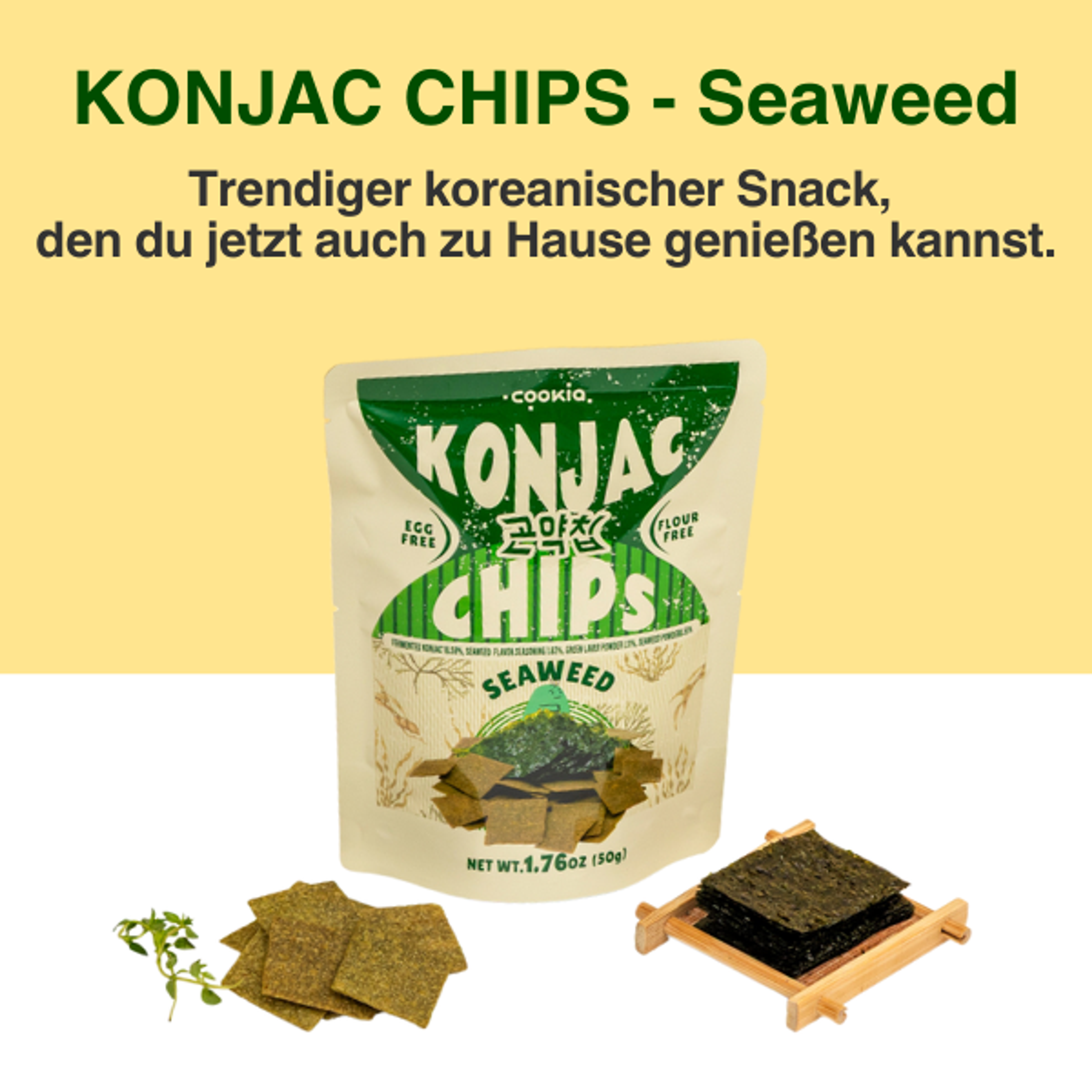 KONJAC Chips – 50g × 5er Set | Meeresalgen, Tteokbokki, Zwiebel | Veganer Koreanischer Snack ohne Mehl & Eier | Dreifach im Ofen gebacken & knusprig leicht (5 pack, Meeresalgen)