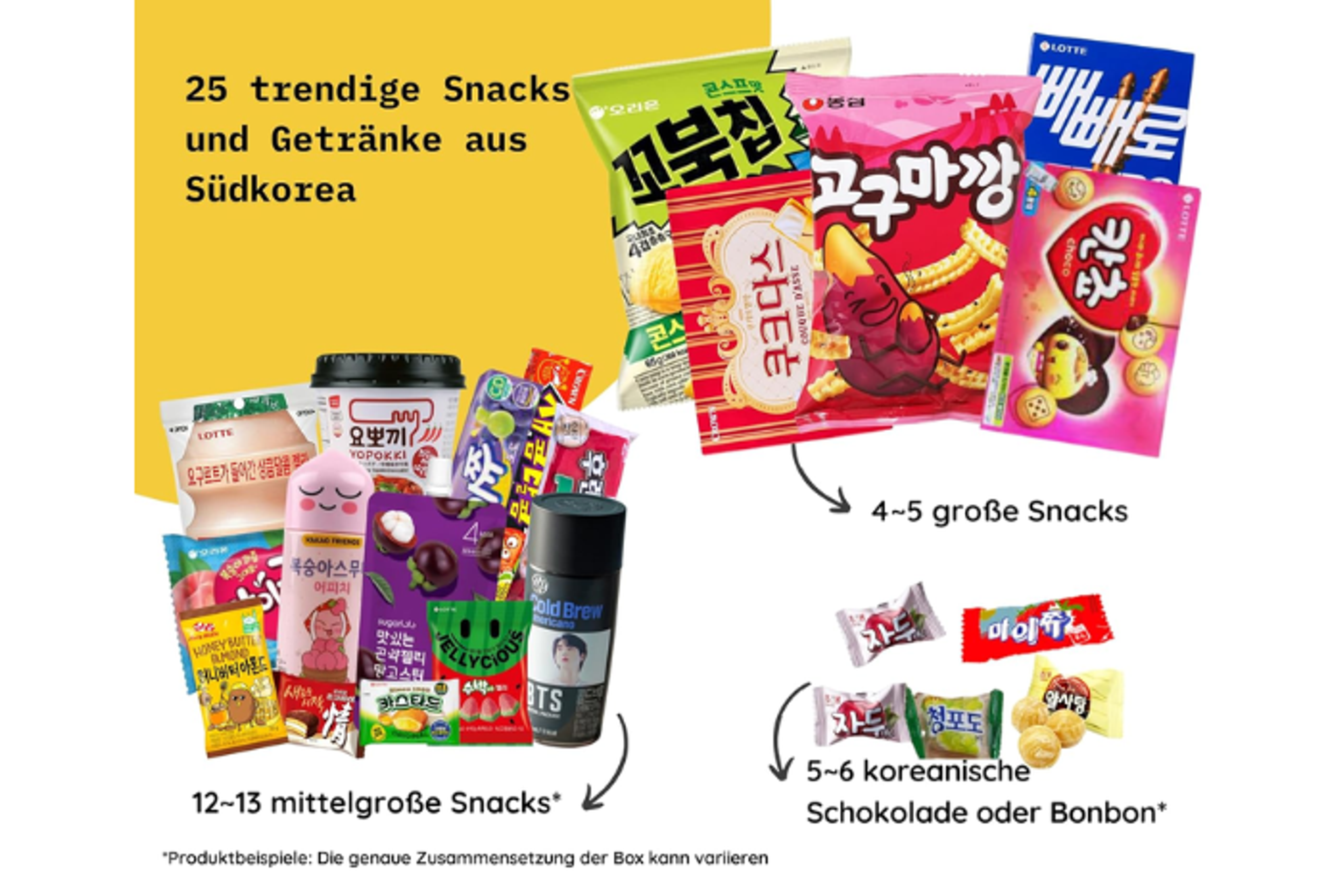 Nahaufnahme von verschiedenen Schokoladen und Bonbons aus der Korea Surprise Snack Box L (25set).