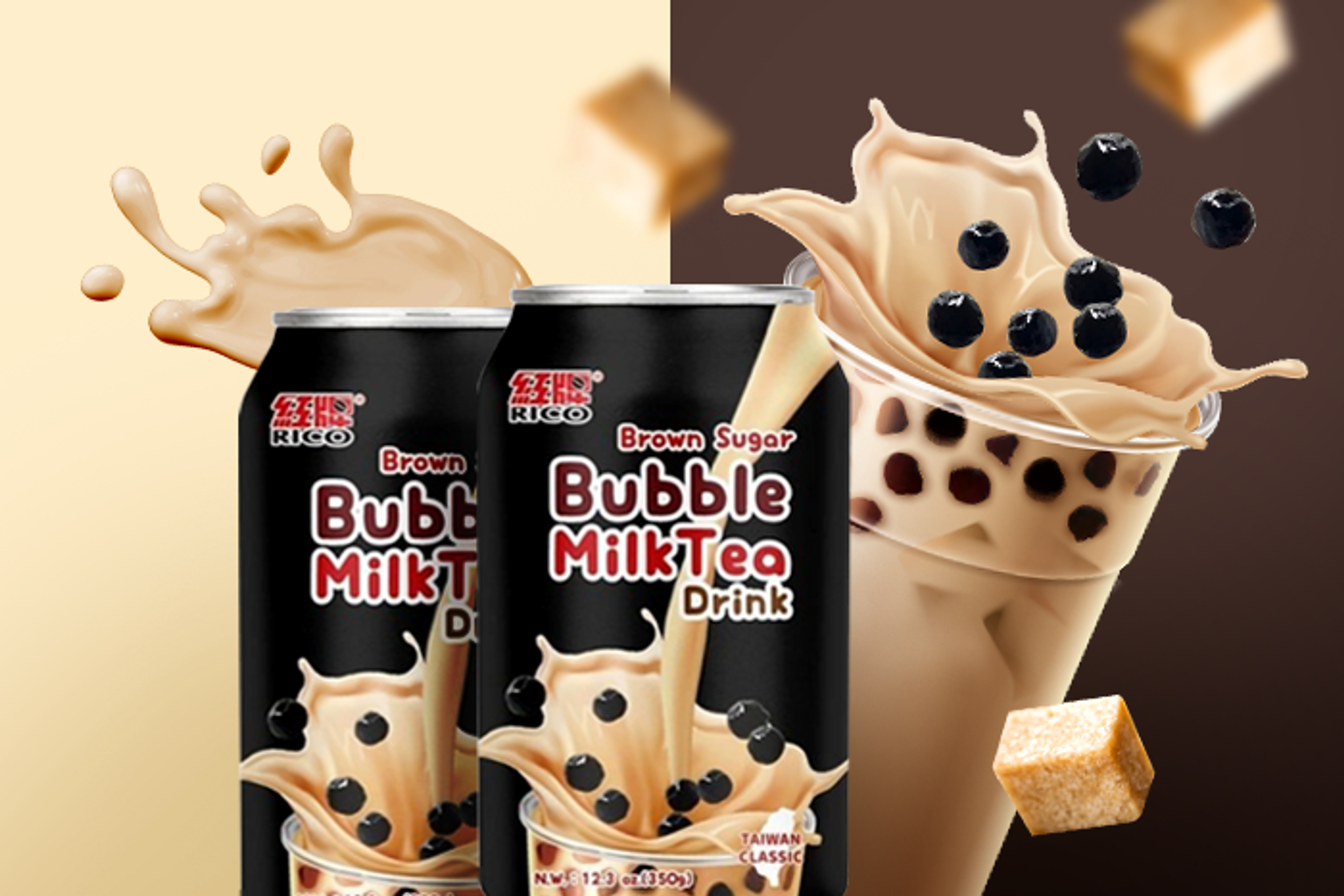 Rico Bubble Tea Getränk Brauner Zucker neben einer Schale mit braunem Zucker und Tapioka-Perlen.