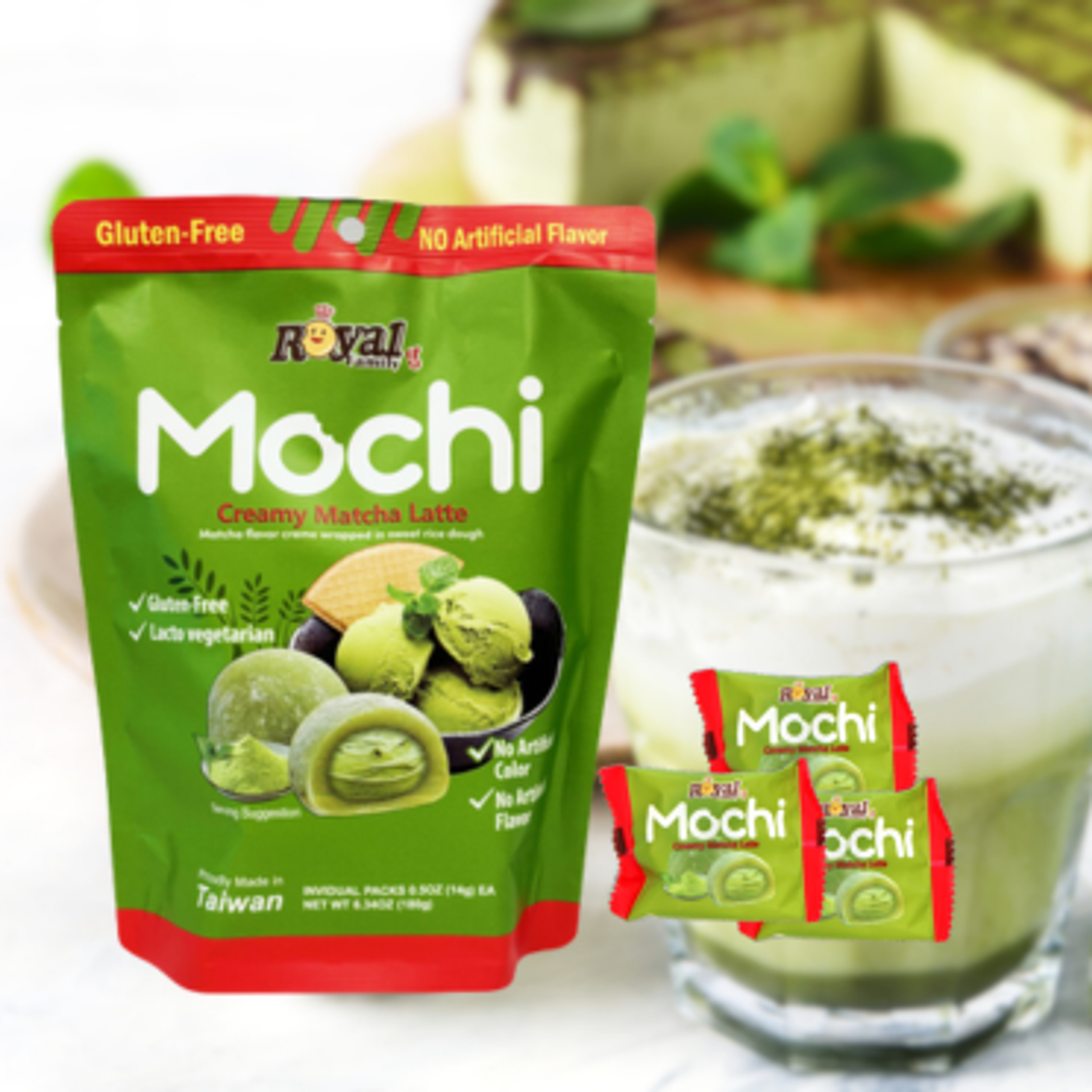 Royal Family Mochi Creamy Matcha Latte - Delicate Mochi with No Artificial Additives, 180g