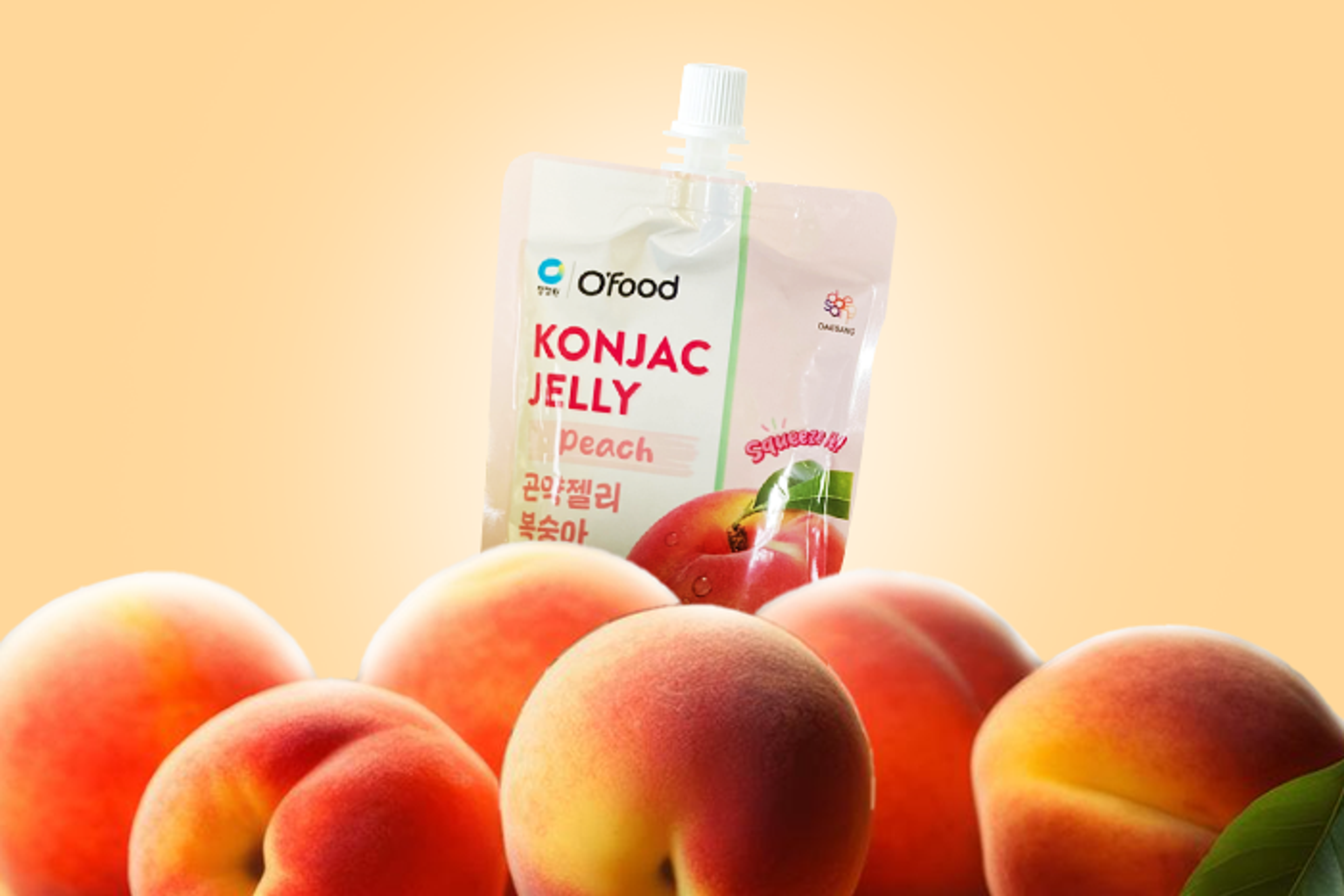 O' Food Konjac Jelly Pfirsich 150g - Nahaufnahme von O' Food Konjac Jelly mit Pfirsichstücken.