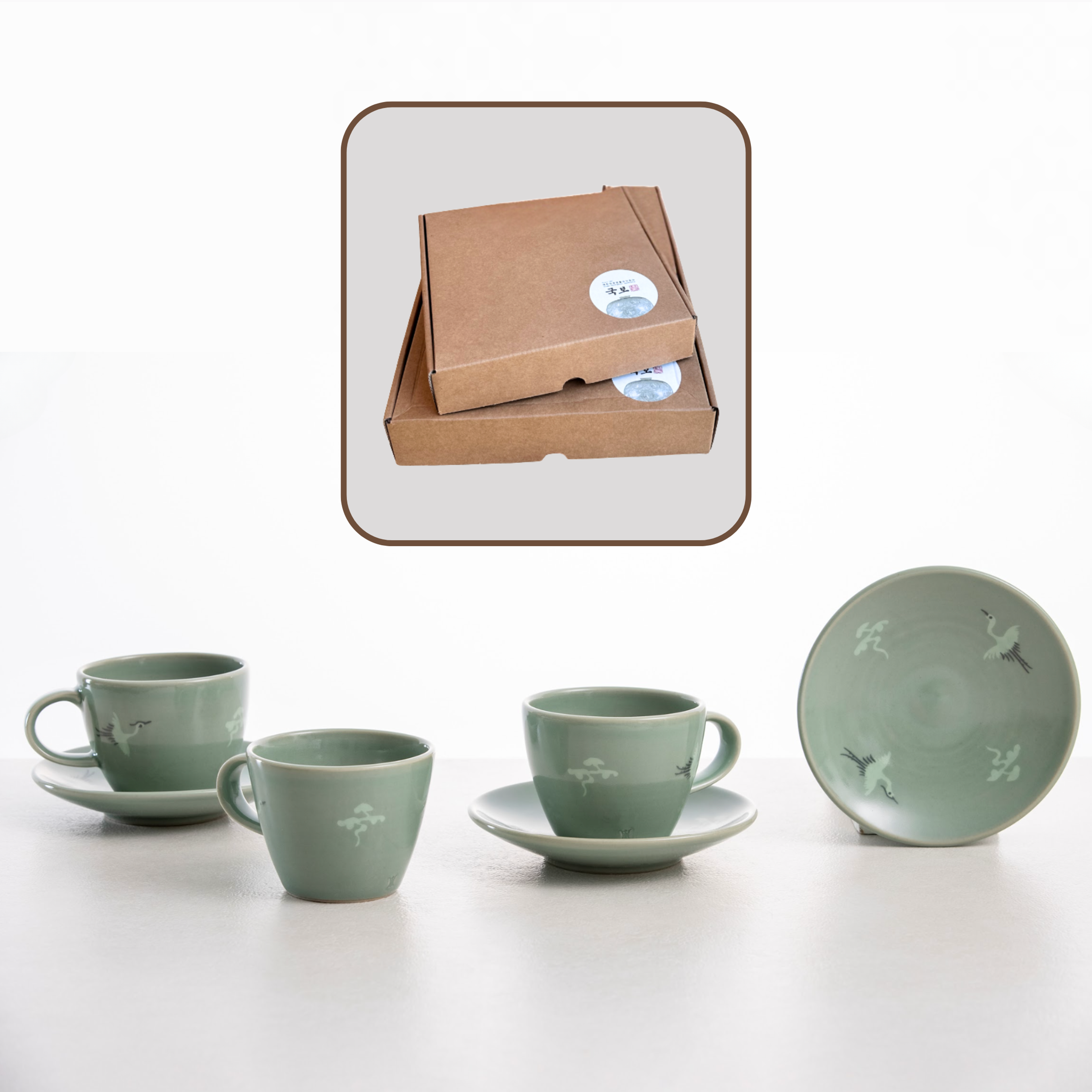 GUKBOCRAFT Celadon Teetassen-Set mit Wolken- & Kranich-Inlay | Teetasse & Untertasse | Handgefertigtes koreanisches Kulturerbe