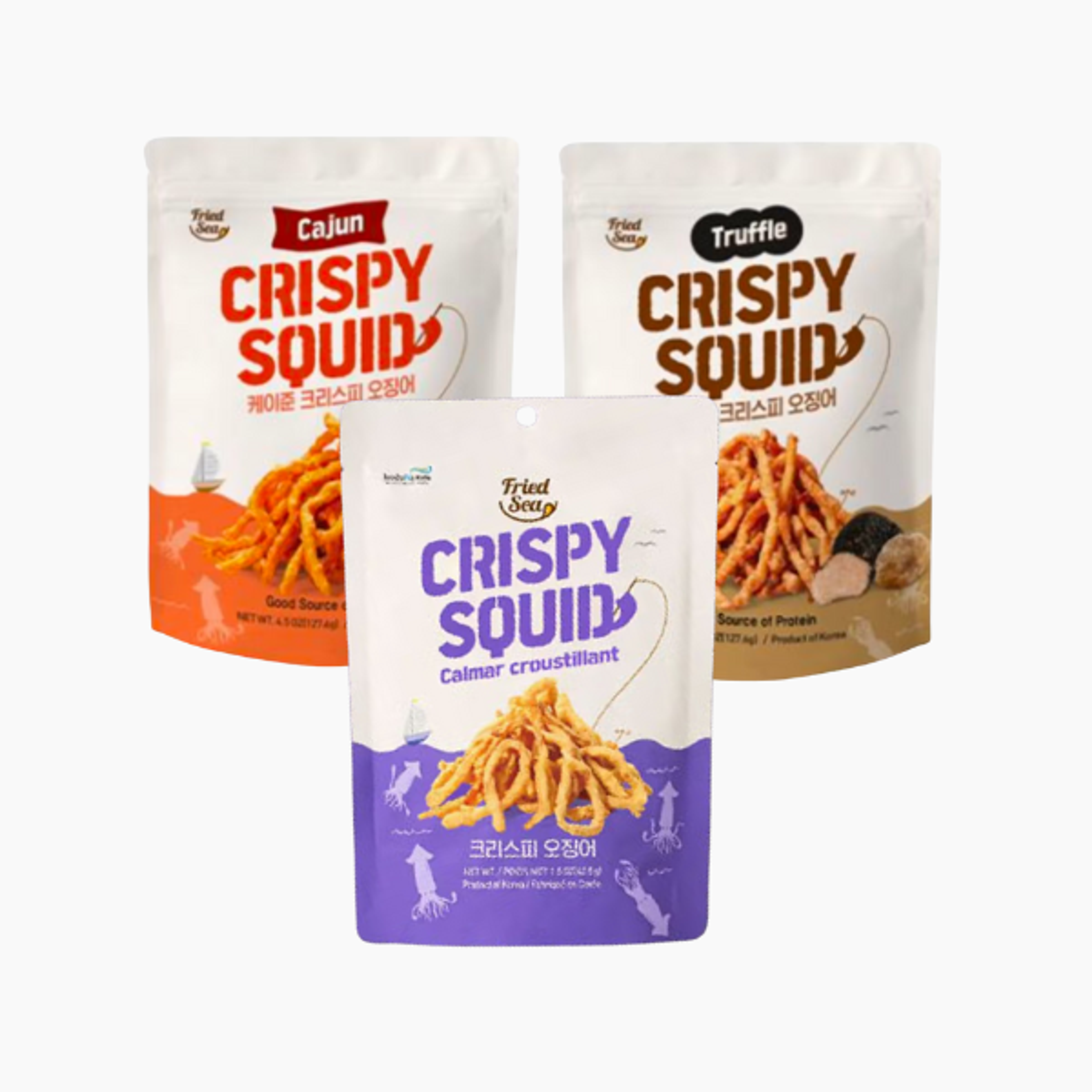 FRIED SEA's Crispy Squid Probe Set | 3 Sorten: Original, Trüffel, Cajun – Knuspriger Tintenfischsnack im Probierpaket