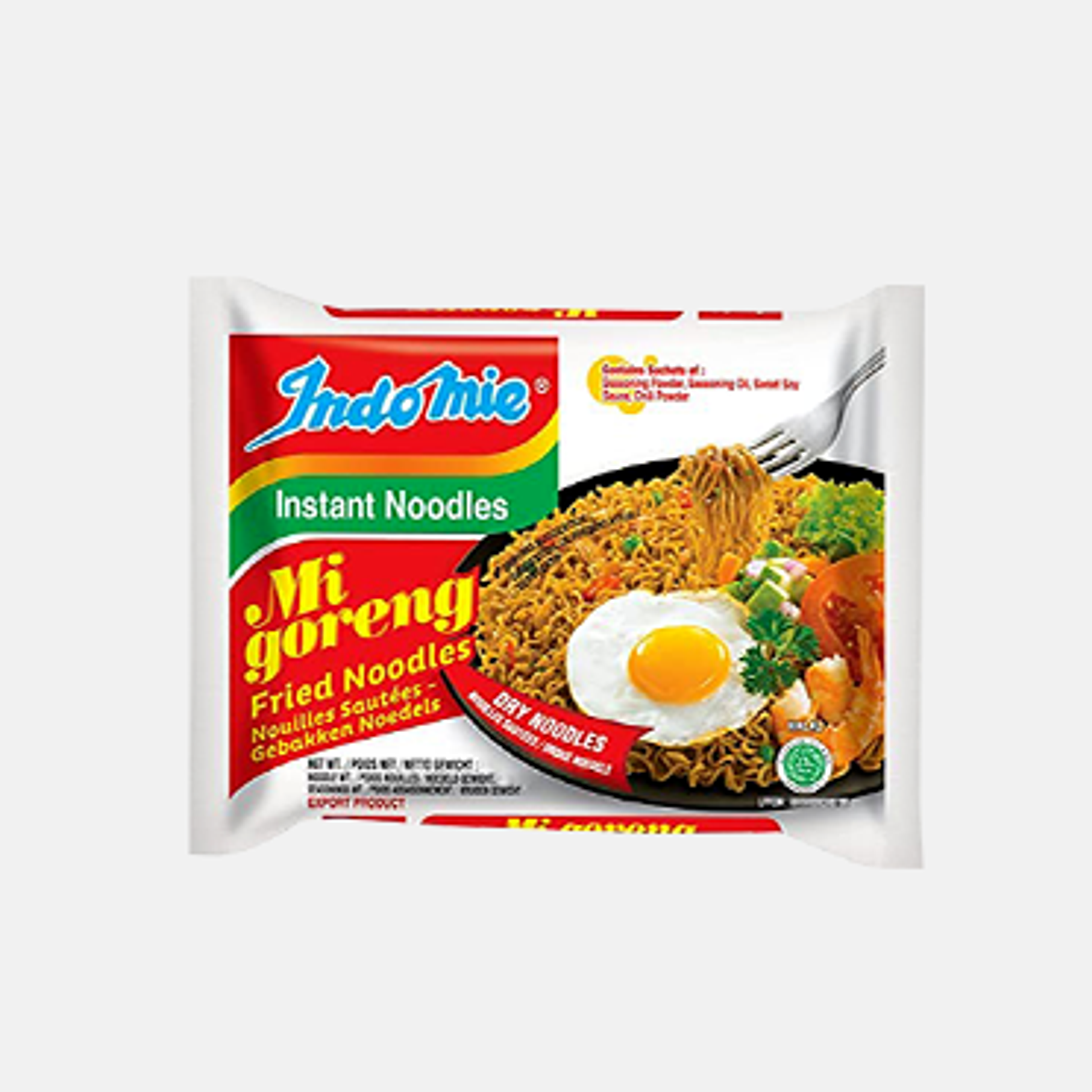 Verpackung der INDOMIE MI Goreng Nudeln – zeigt die farbenfrohe und ansprechende 80g-Packung.