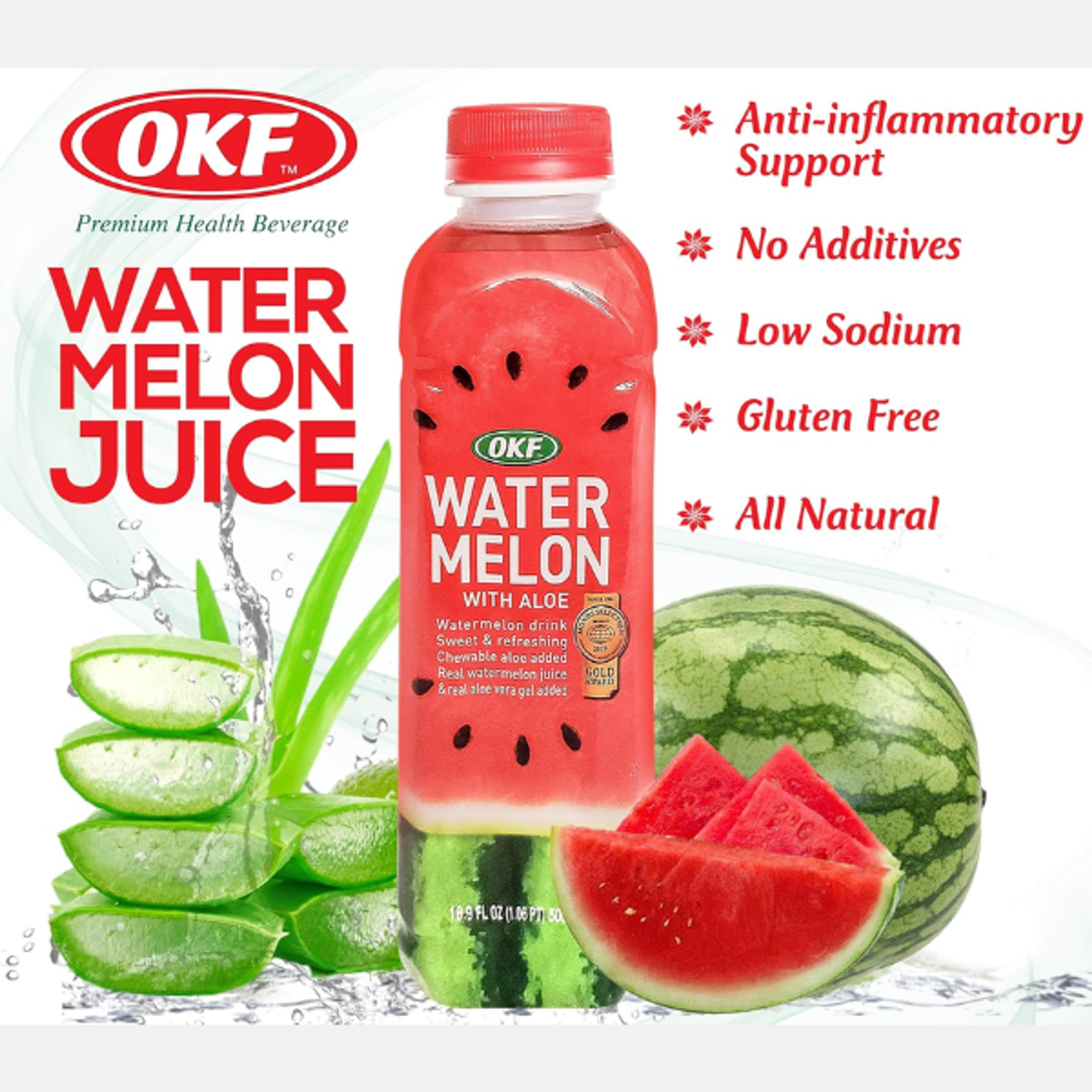 OKF Aloe Vera Drink Watermelon 500ml - Refreshing Drink with Aloe and Watermelon Flavor