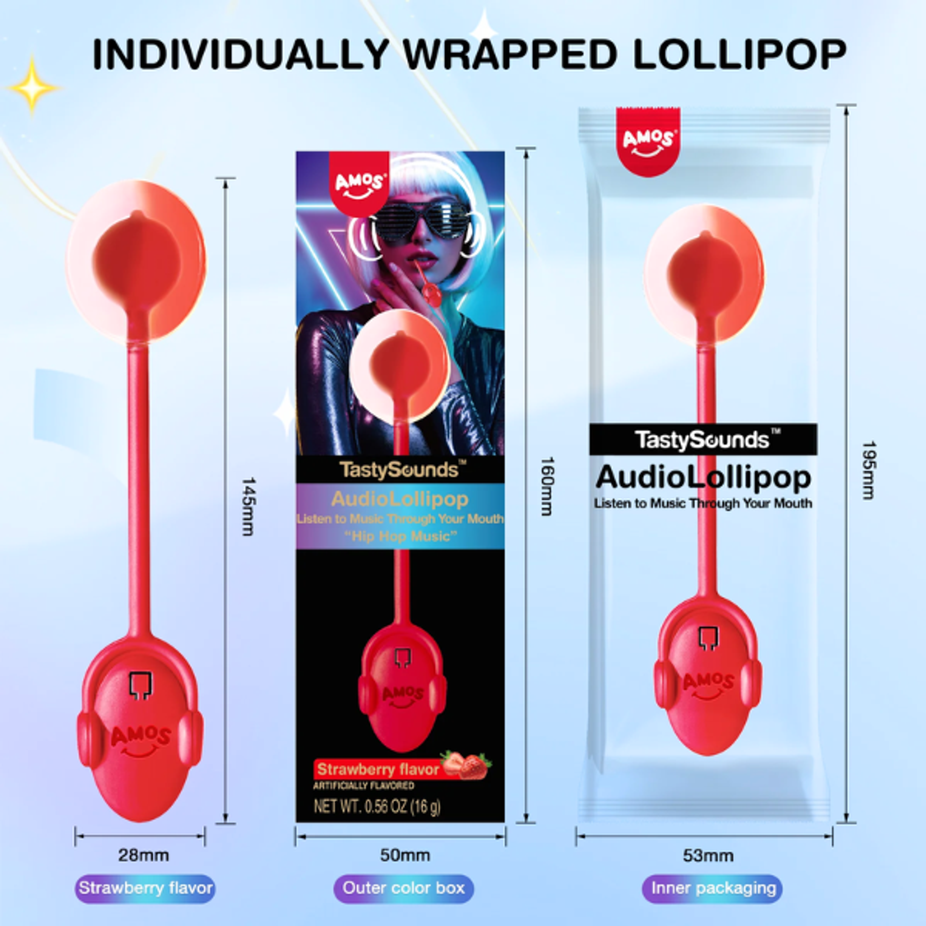 AMOS TastySounds Audio Lollipop Strawberry 12g