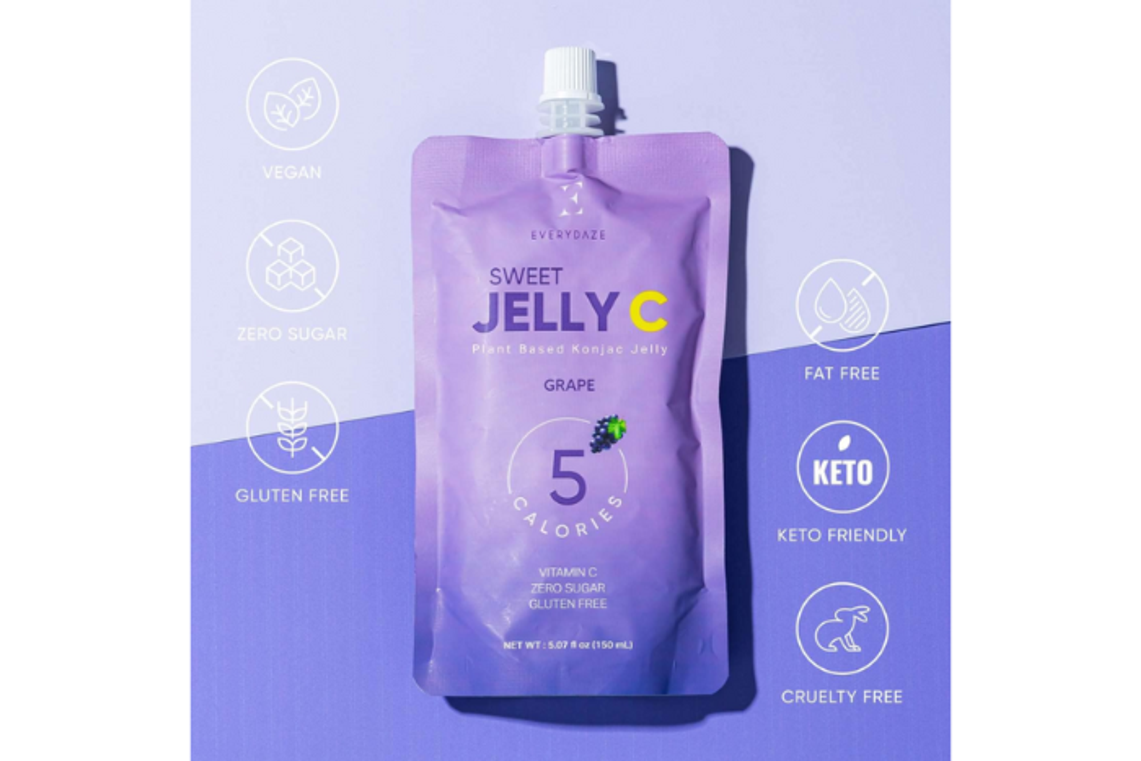 Erlebe die erfrischende Kombination von EVERYDAZE Sweet C Konjac Jelly Traube 150ml. Süßer Traubengeschmack und zuckerfreie Erfrischung. Ideal für unterwegs.