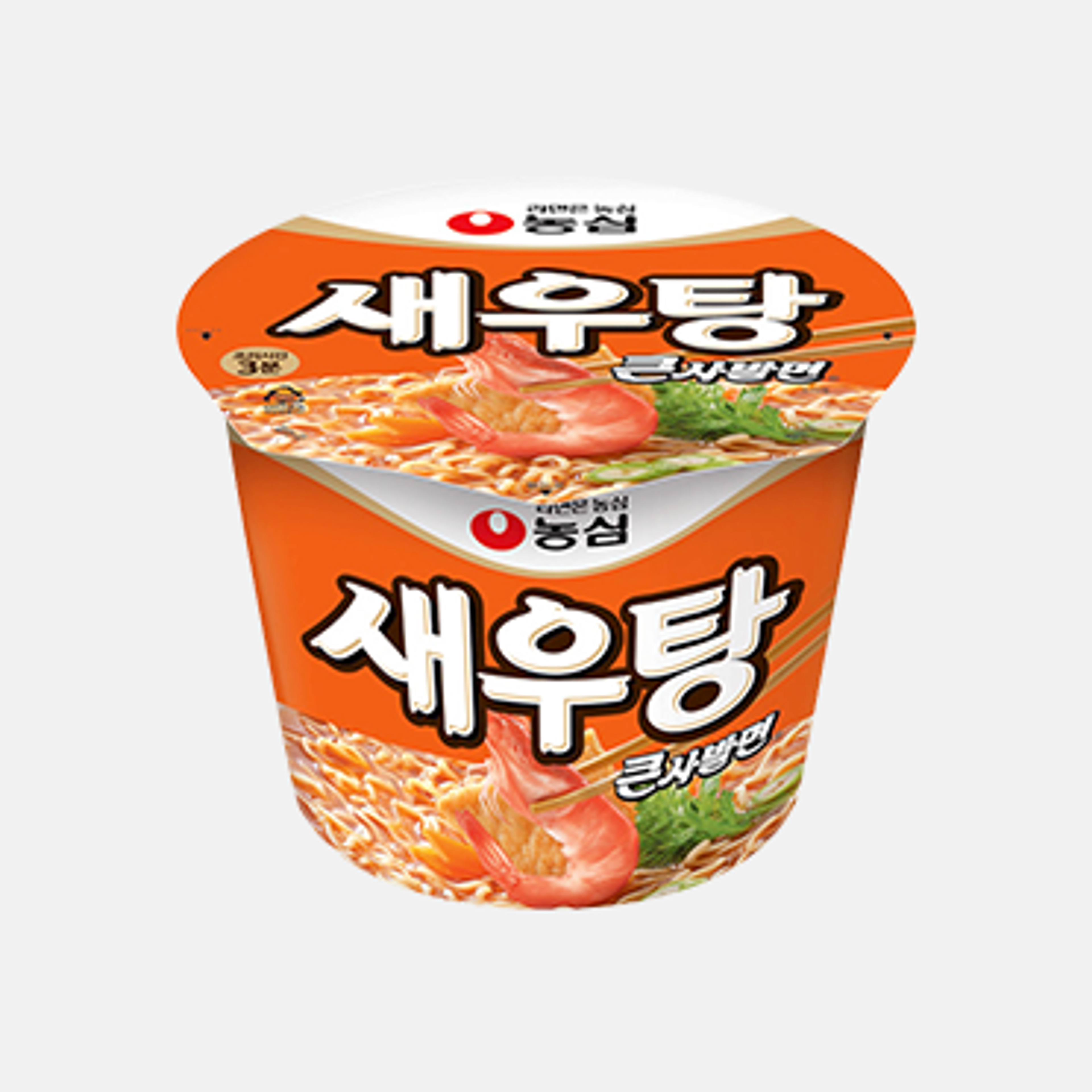 Nongshim Garnelen Instant Nudeln Big Bowl Cup Ramen Ramyeon 115g, Verpackung mit lebendigen Bildern von Garnelen, zeigt deutlich die Geschmacksrichtung