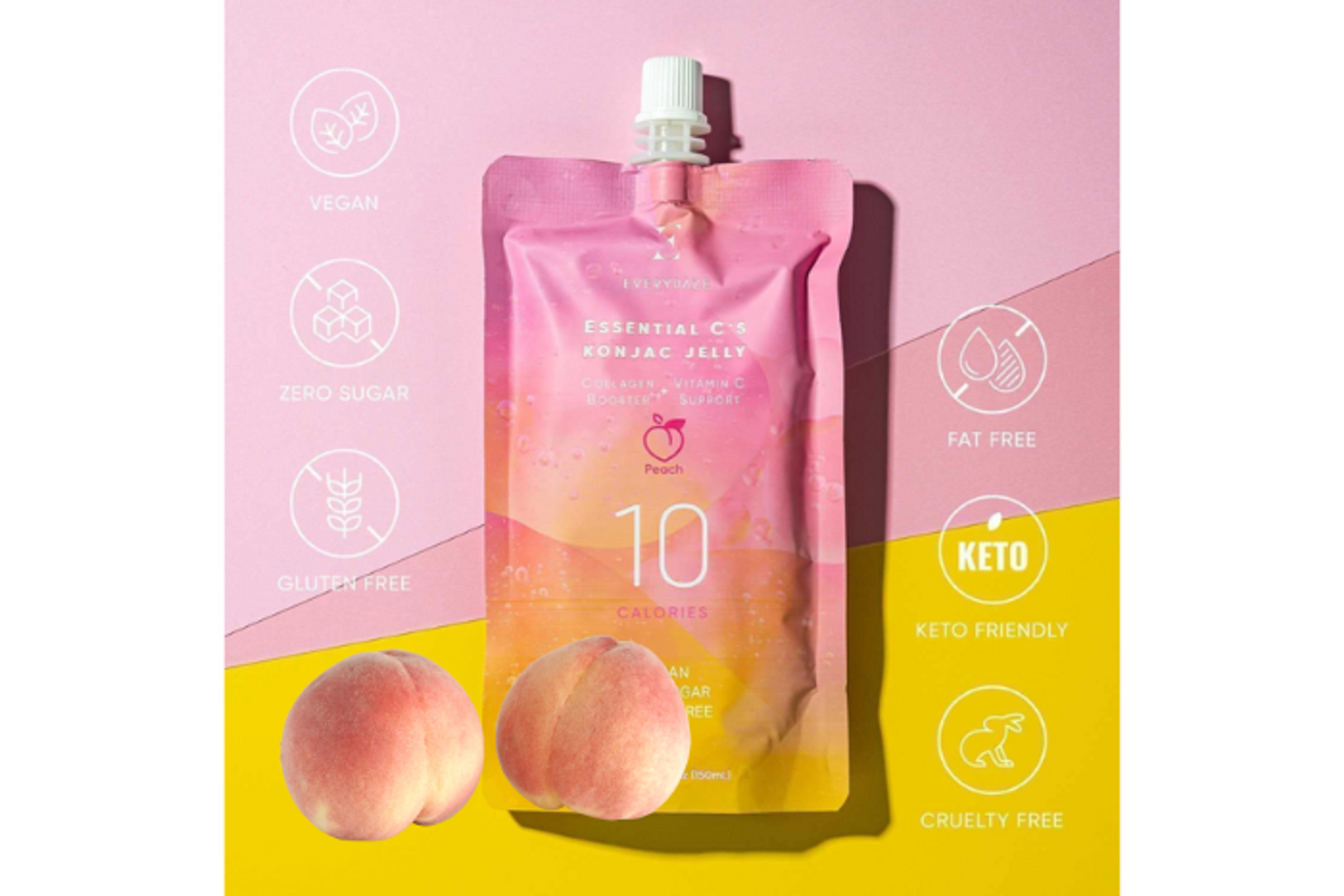 Vorderansicht der EVERYDAZE Essential C’s Konjac Jelly Peach 150ml Verpackung: Zeigt das ansprechende Design und die Größe.