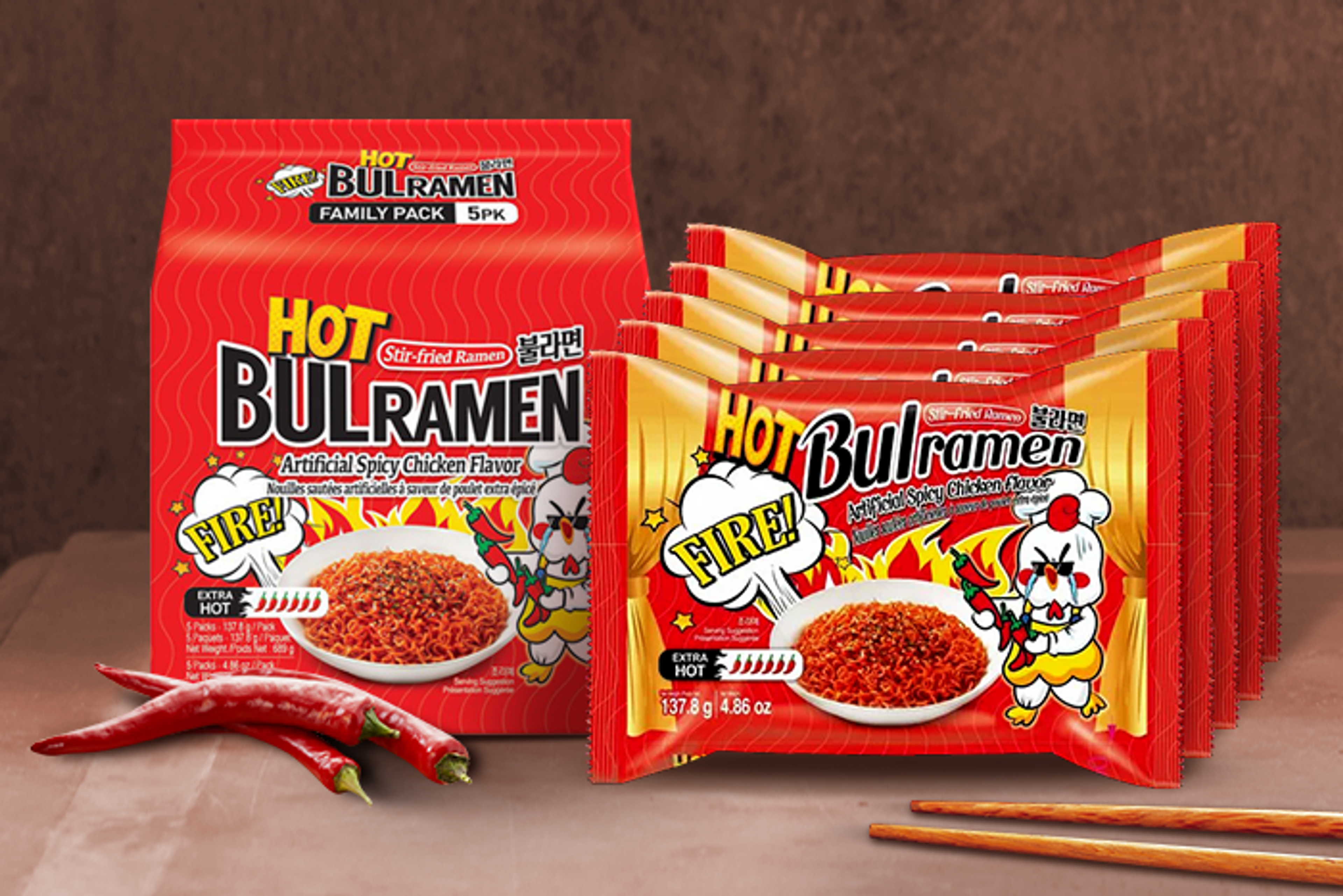 Verpackung von Bulramen Stir-fried Extra Hot Spicy Noodle – zeigt die auffällige 5er-Packung, die den extra scharfen Geschmack hervorhebt