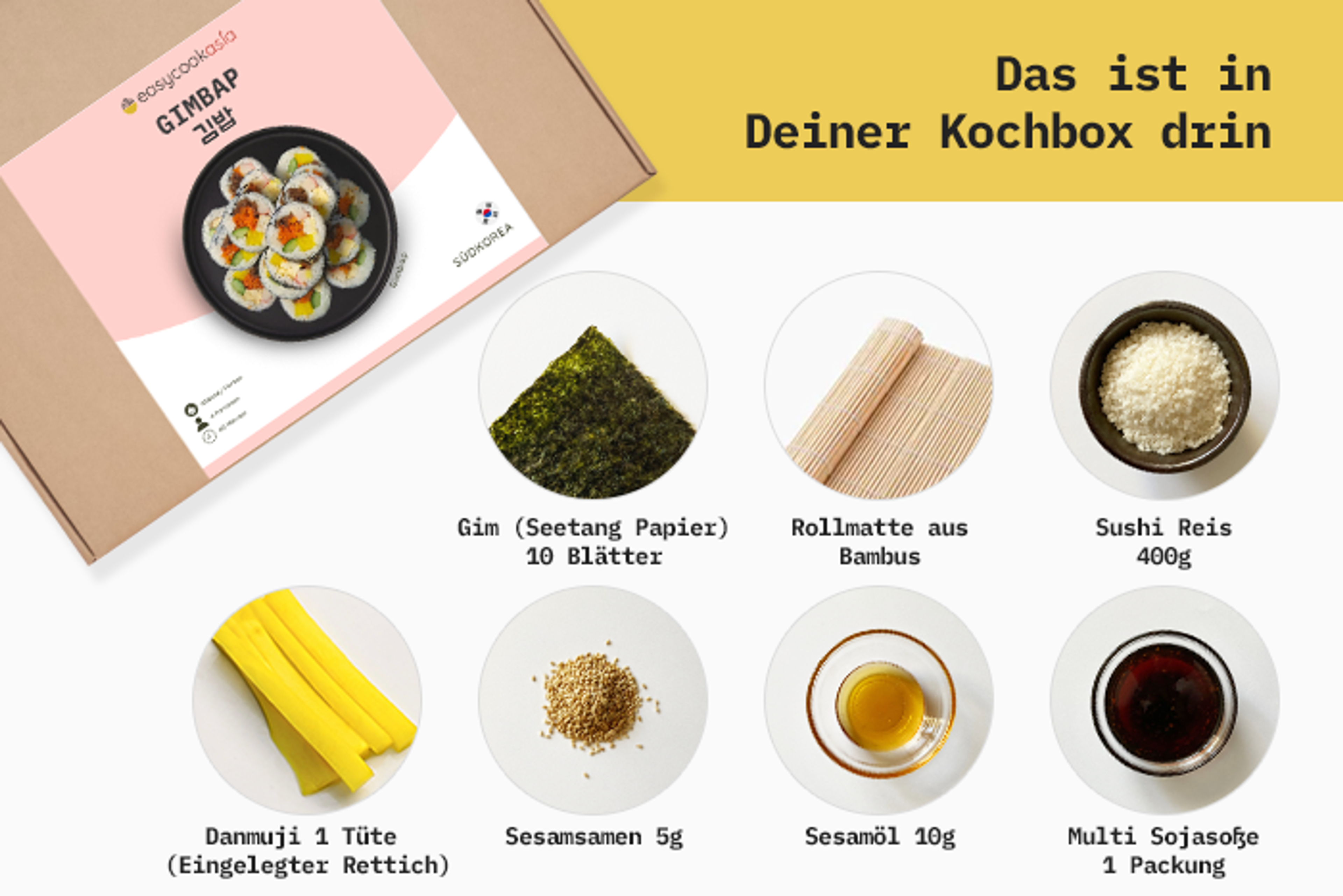 Verschiedene Gimbap-Zutaten sortiert und bereit zur Zubereitung.