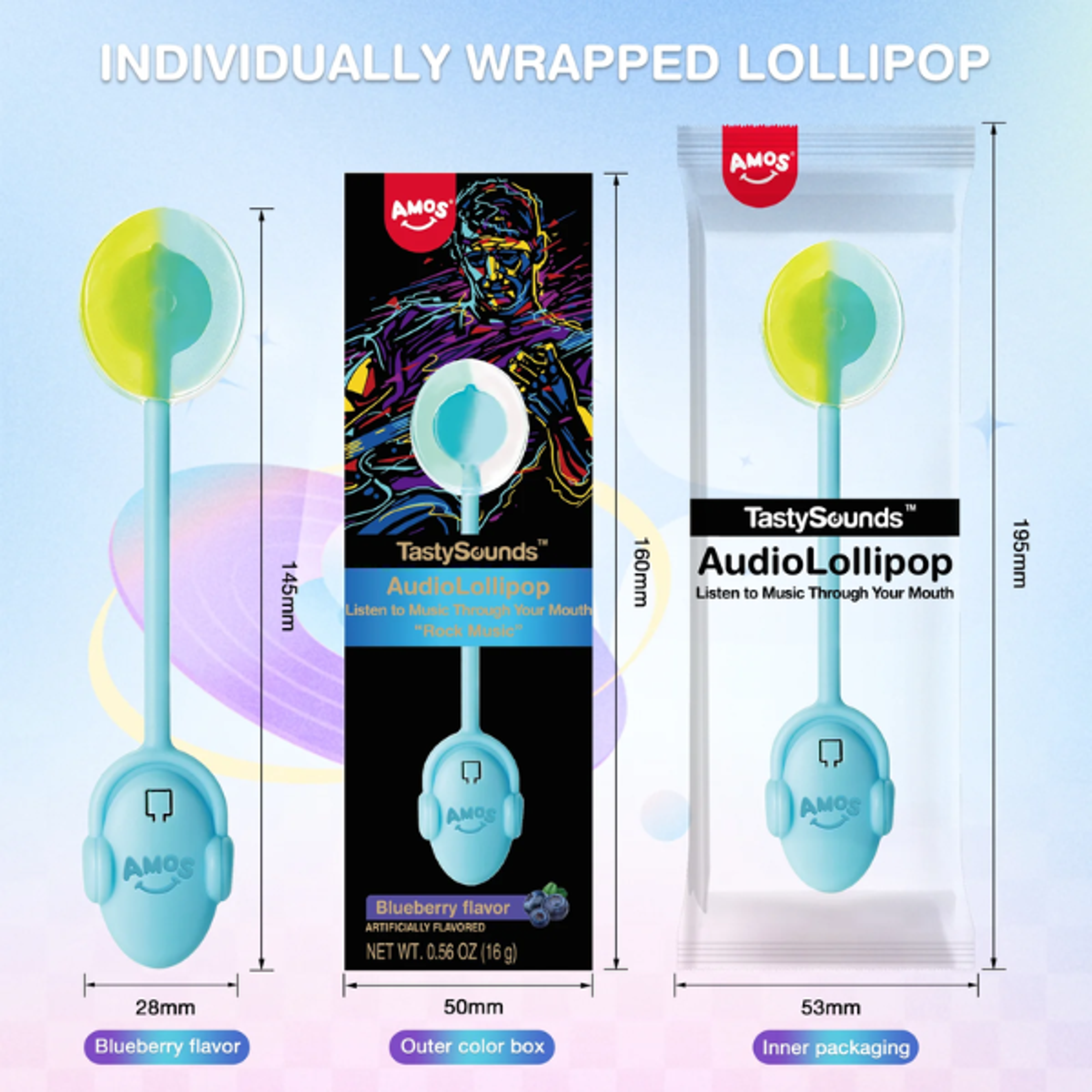 AMOS TASTYSOUNDS Audio Lollipop Blueberry 12g | Candy Lollipop with Sound