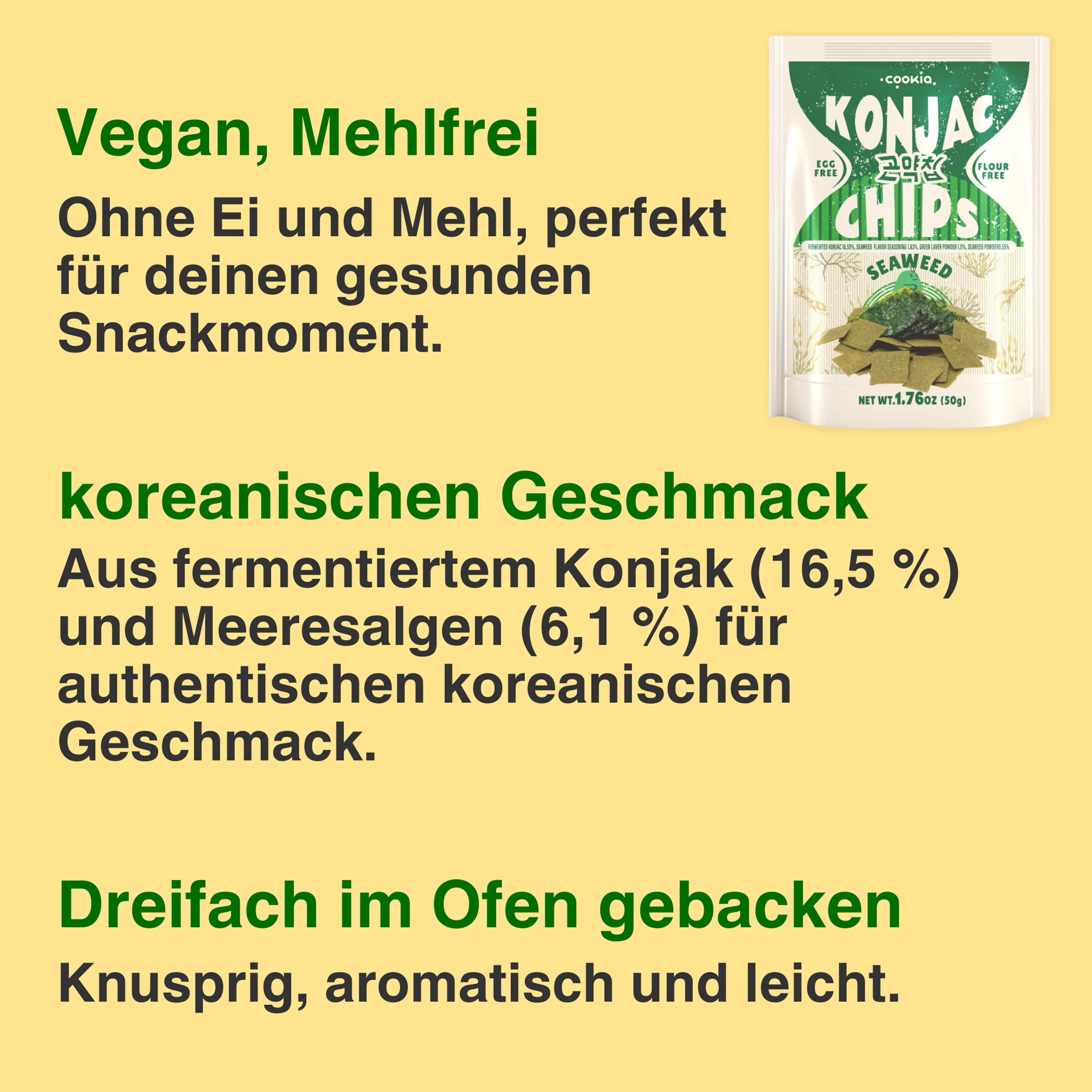 KONJAC Chips – 50g × 5er Set | Meeresalgen, Tteokbokki, Zwiebel | Veganer Koreanischer Snack ohne Mehl & Eier | Dreifach im Ofen gebacken & knusprig leicht (5 pack, Meeresalgen)