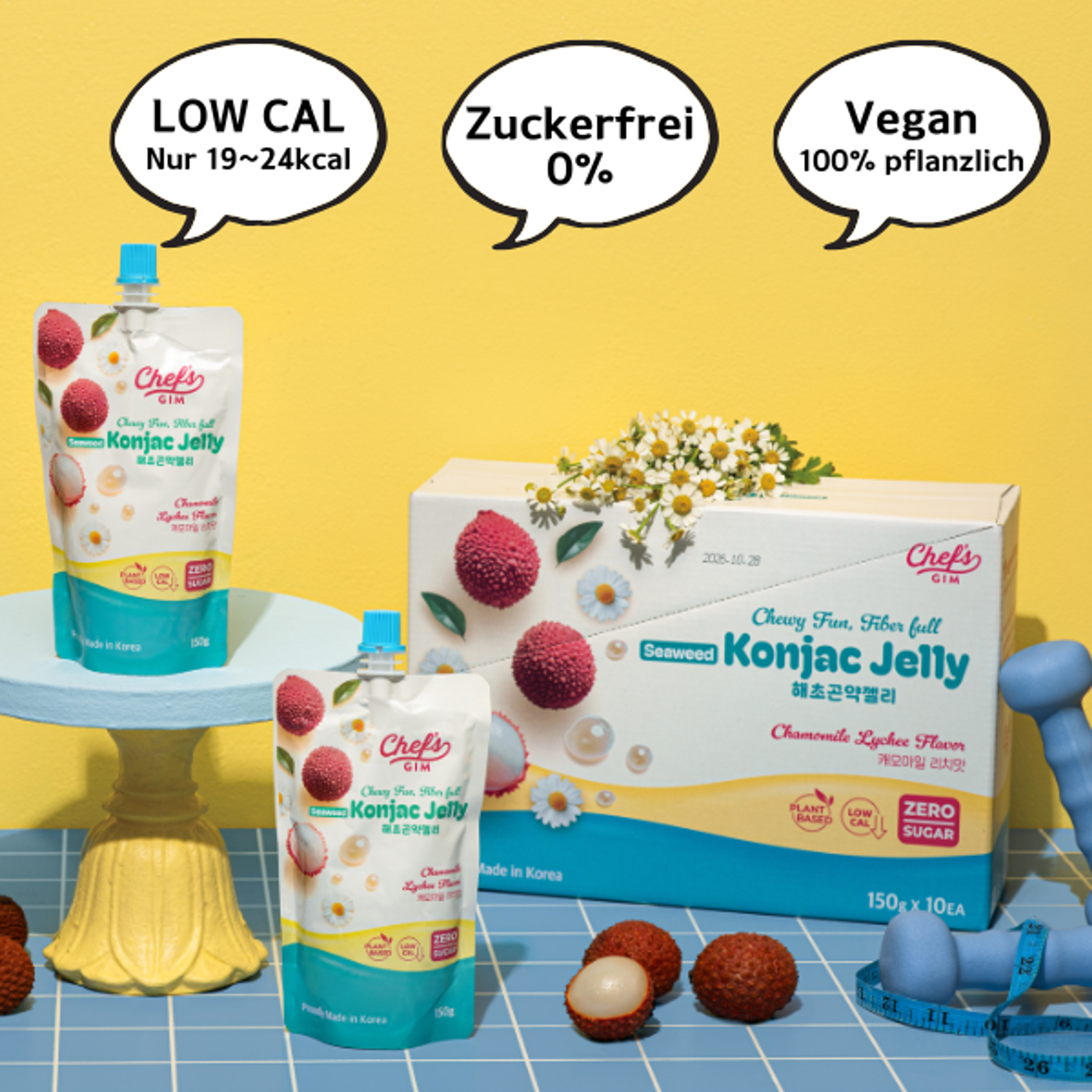 Chef’s Gim Konjak-Getränkegelee | 10er Set à 150g | Vegan, Kalorienarm, zuckerfrei & ballaststoffreich | 3 Sorten: Pfirsich-Schwarztee, Kamille-Litschi, Lavendel-Apfel-Mango (Kamille-Litschi)