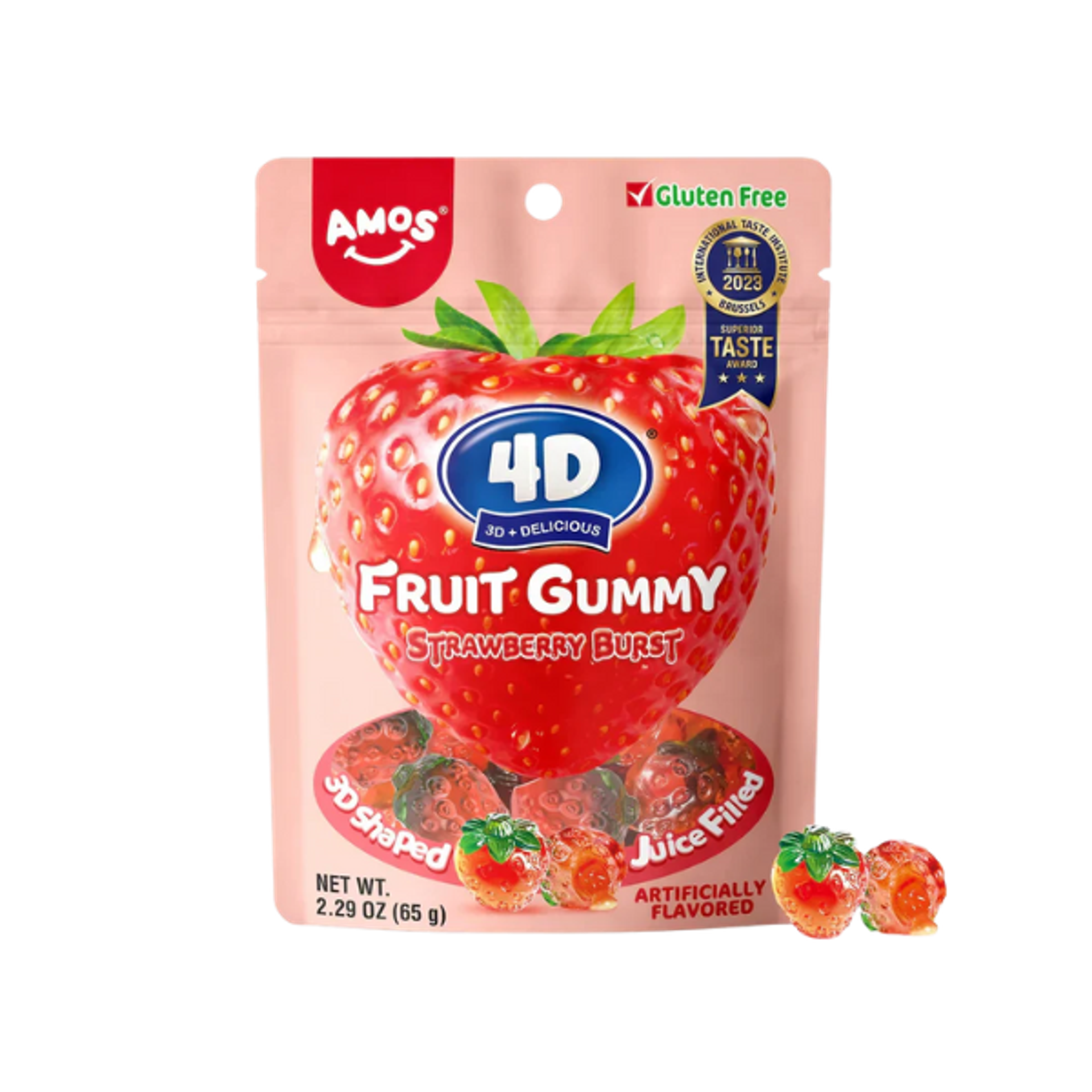 AMOS 4D Fruit Gummy Strawberry Burst 65 g | 3D-Erdbeergummis mit süßer Saftfüllung