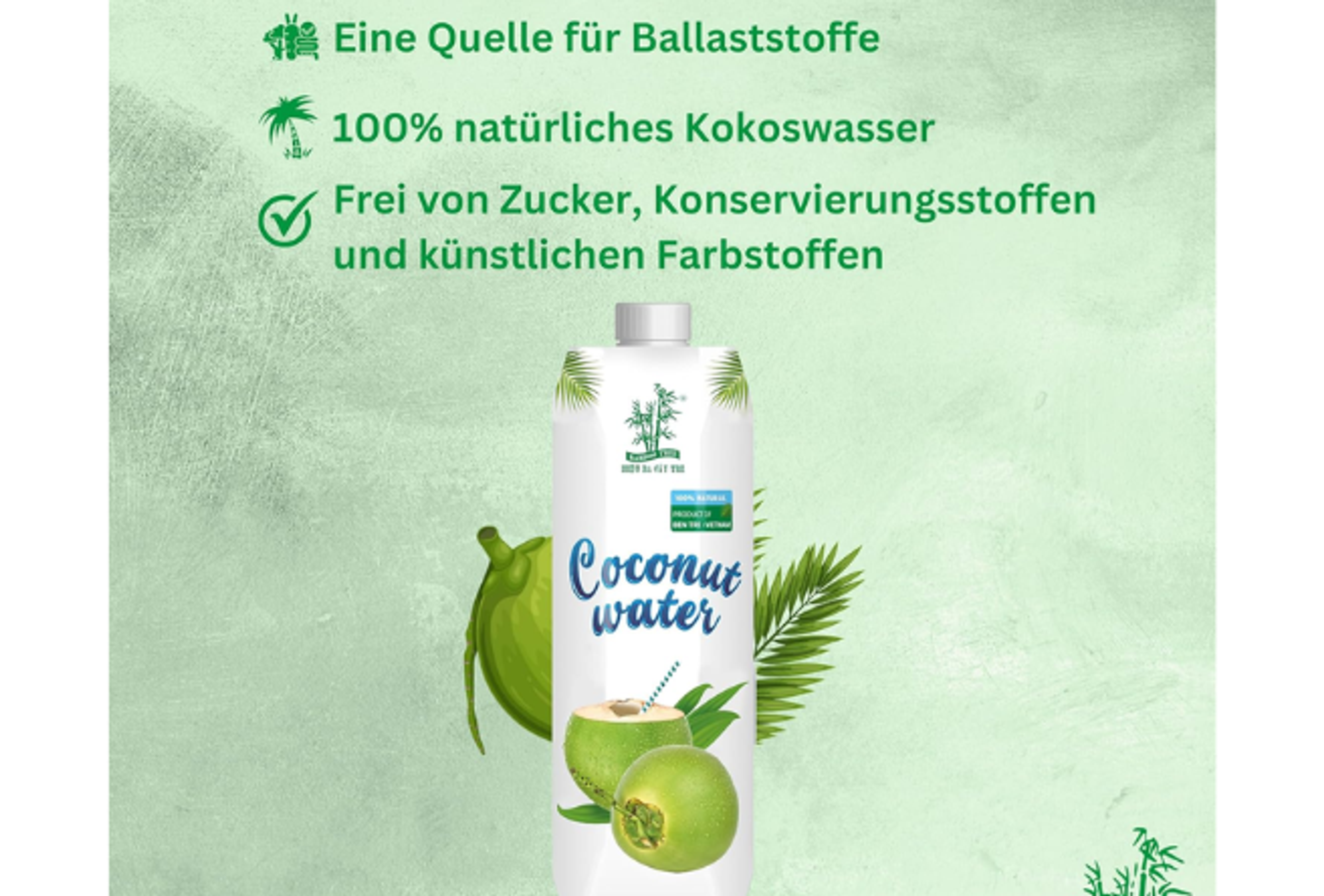 Vorderansicht der BAMBOO TREE Kokoswasser 330ml Verpackung – zeigt das tropische Design mit grünen Kokosnüssen.