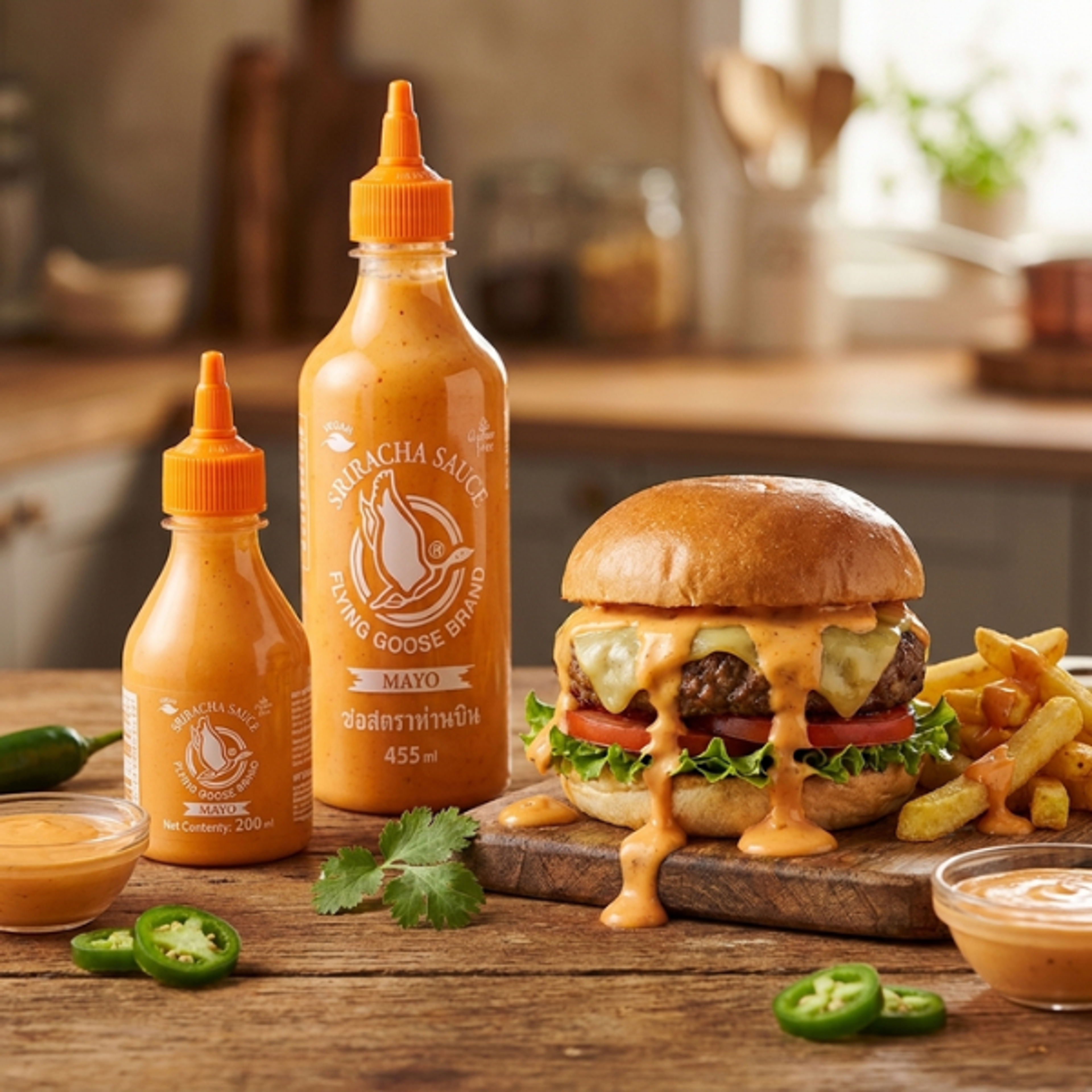 FLYING-GOOSE-Sriracha-Mayo-Sauce-Flasche-vorderansicht-auf-hellem-Hintergrund-mit-gut-sichtbarem-Markenlogo-und-Produktbezeichnung