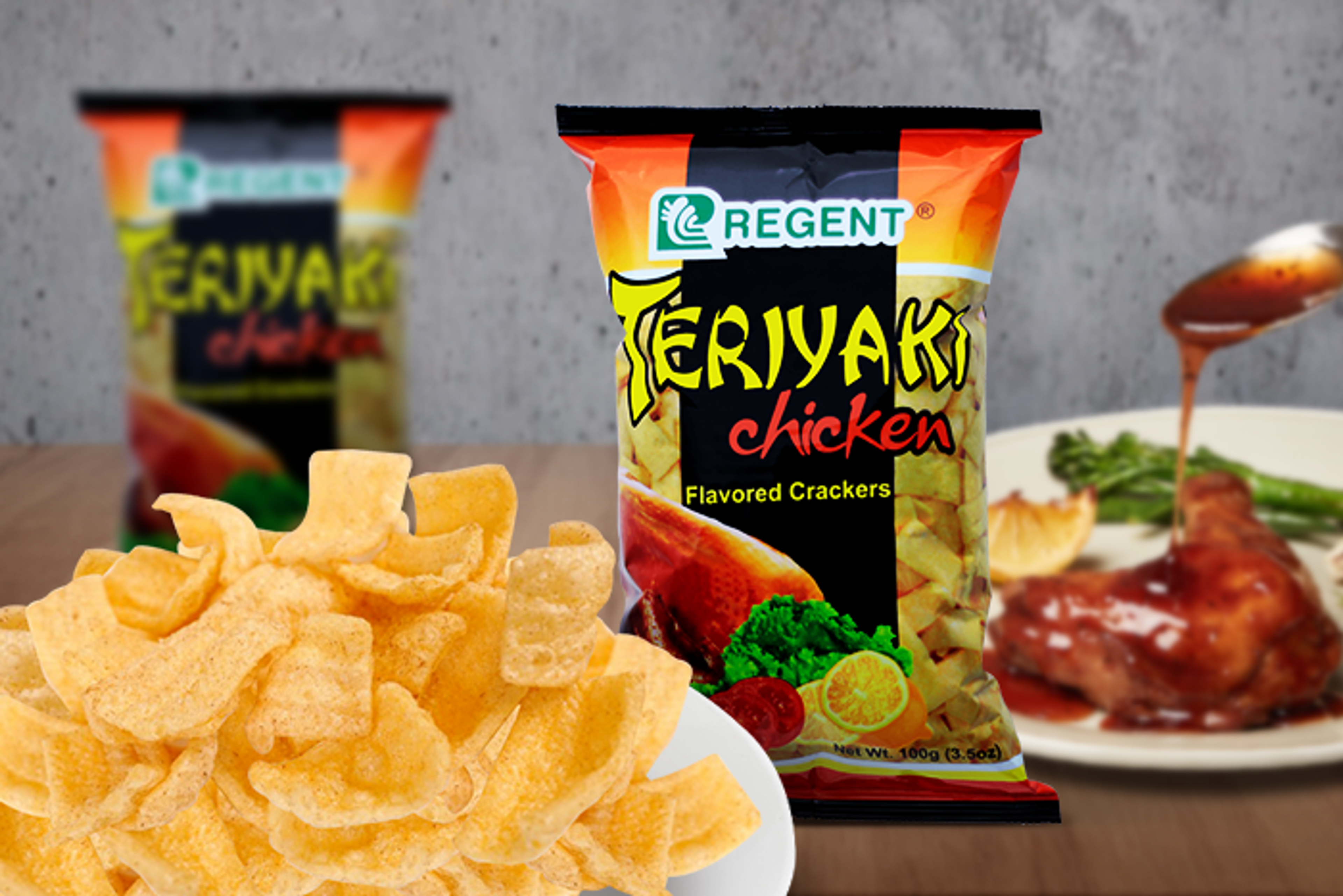 Verpackung von Regent Teriyaki Chicken Flavored Crackers, lebhaft gestaltet.